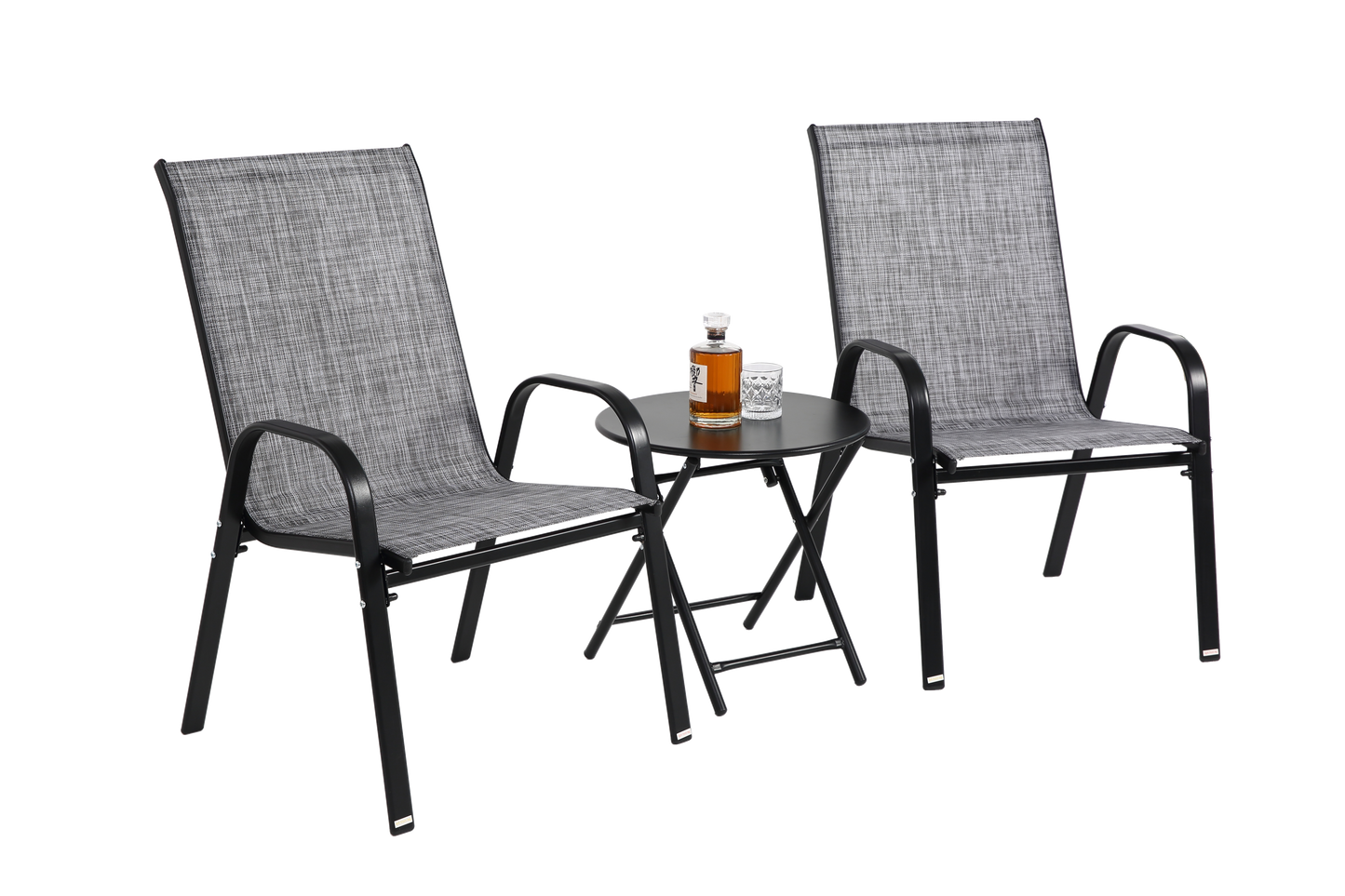 3 Piece Patio set, Outdoor Camping Chairs with Breathable Textilene Fabric, folding table with steel table top, 2chairs and 1table set ( Grey)