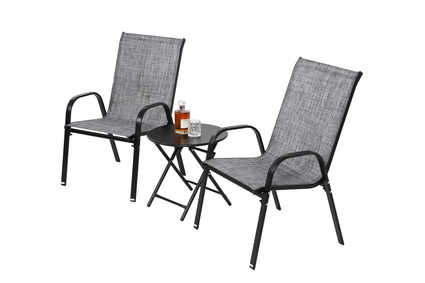 3 Piece Patio set, Outdoor Camping Chairs with Breathable Textilene Fabric, folding table with steel table top, 2chairs and 1table set ( Grey)