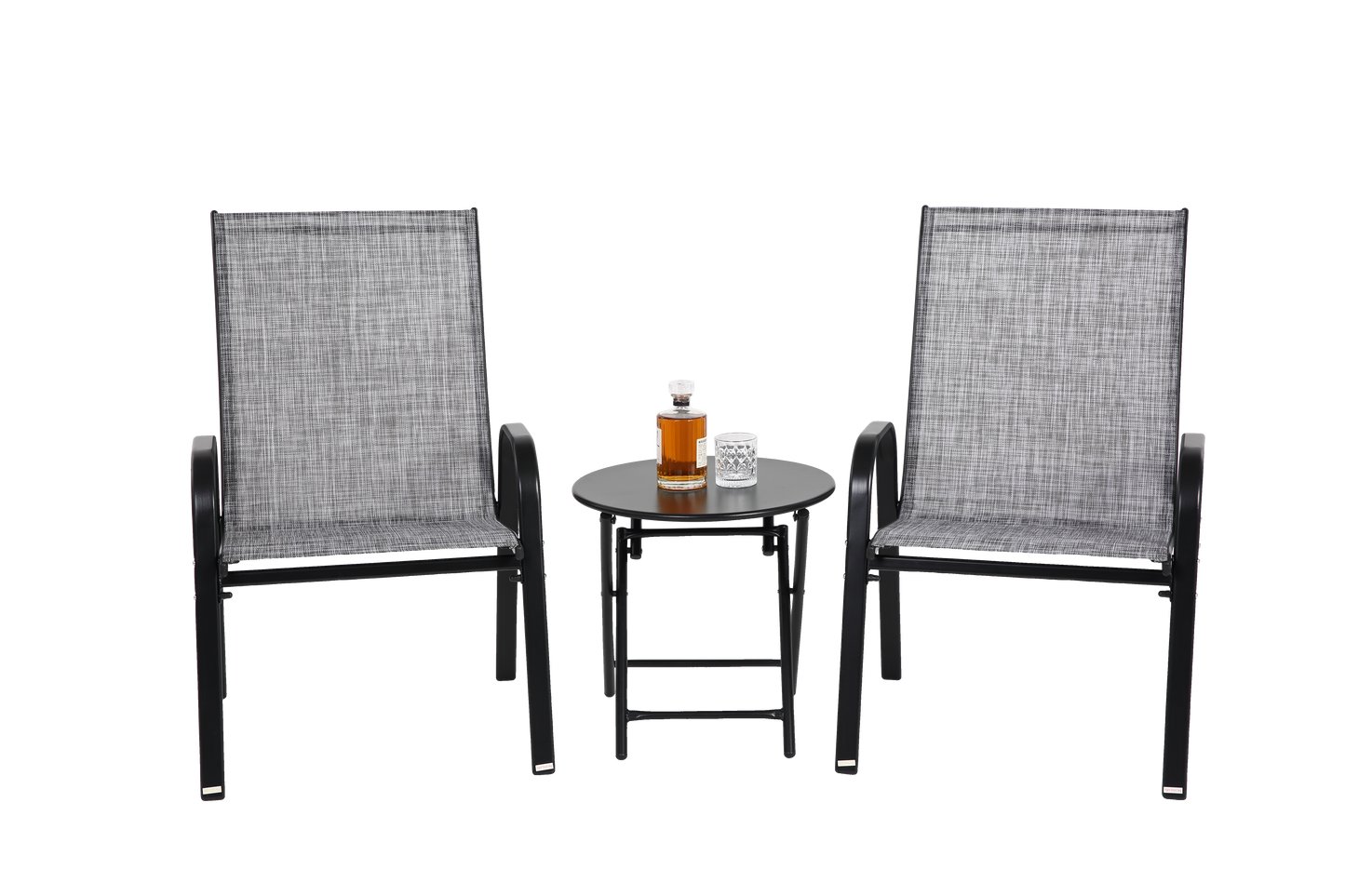 3 Piece Patio set, Outdoor Camping Chairs with Breathable Textilene Fabric, folding table with steel table top, 2chairs and 1table set ( Grey)