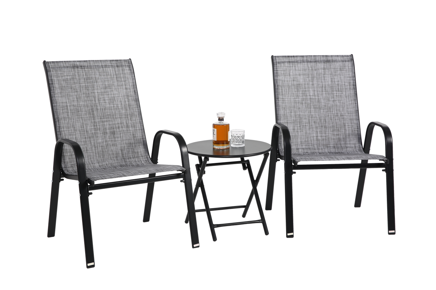 3 Piece Patio set, Outdoor Camping Chairs with Breathable Textilene Fabric, folding table with steel table top, 2chairs and 1table set ( Grey)