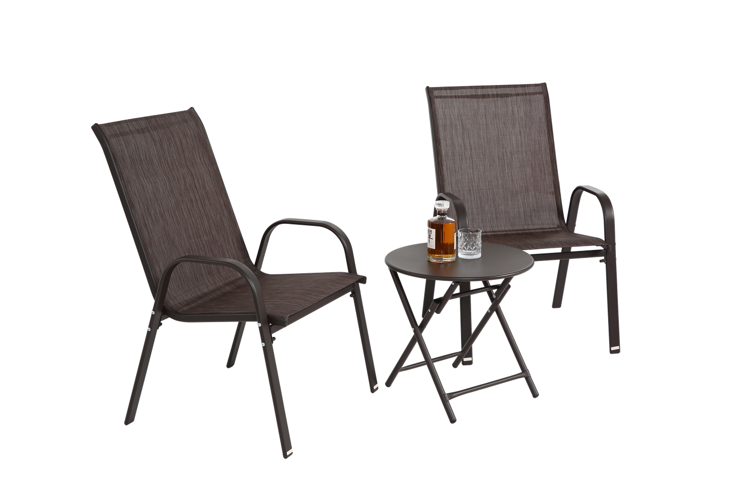 3 Piece Patio set, Outdoor Camping Chairs with Breathable Textilene Fabric, folding table with steel table top, 2chairs and 1table set ( Brown)