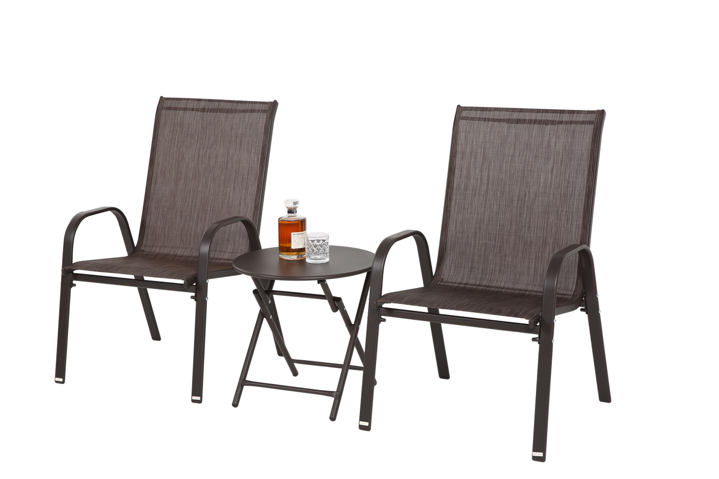 3 Piece Patio set, Outdoor Camping Chairs with Breathable Textilene Fabric, folding table with steel table top, 2chairs and 1table set ( Brown)
