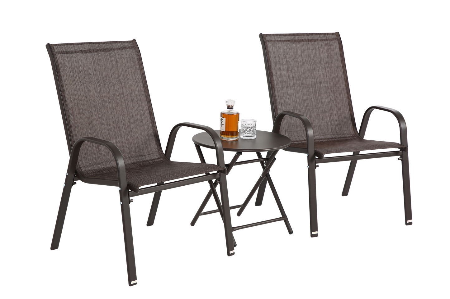 3 Piece Patio set, Outdoor Camping Chairs with Breathable Textilene Fabric, folding table with steel table top, 2chairs and 1table set ( Brown)