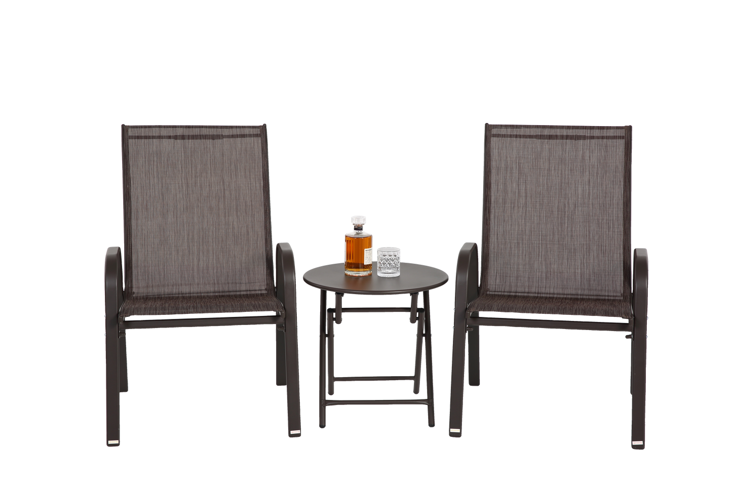 3 Piece Patio set, Outdoor Camping Chairs with Breathable Textilene Fabric, folding table with steel table top, 2chairs and 1table set ( Brown)