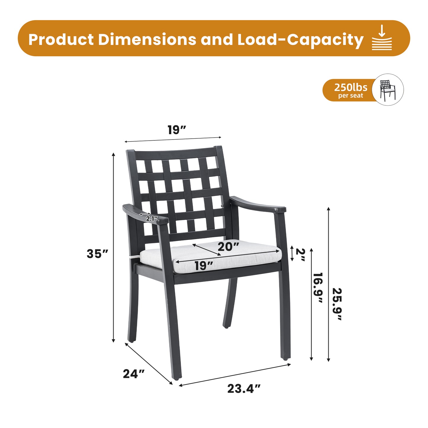 Modern Classic Cast Aluminum Outdoor Patio 2-Piece Dining Chairs, Textured Ember Black Finish, Ergonomic Lattice Backrest Design, Sunbrella Fabric Cushion,Weather-Resistant and Durable for Garden.
