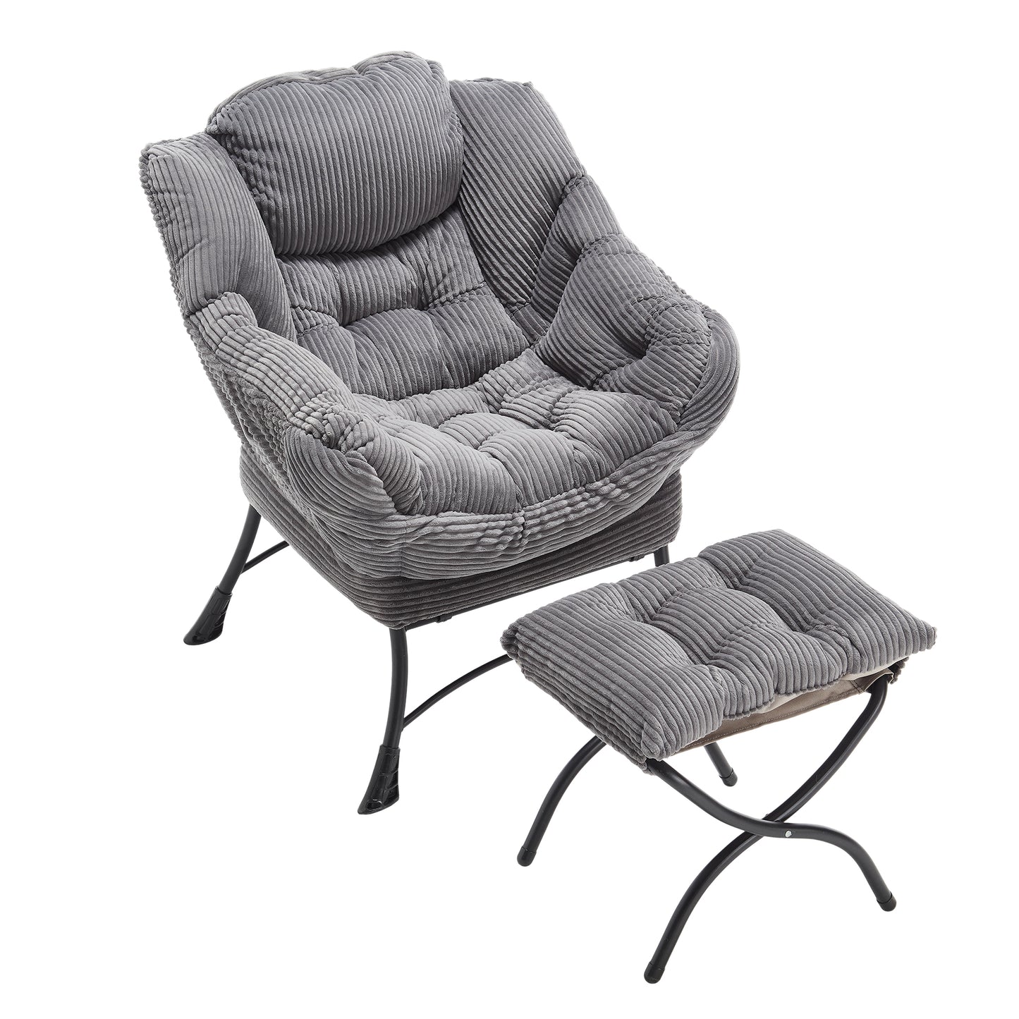 Lazy Chair with Ottoman, Modern Lounge Accent Chair with Armrests and a Side Pocket, Leisure Upholstered Sofa Chair Reading Chair with Footrest for Small Space, Corner Chair-Grey
