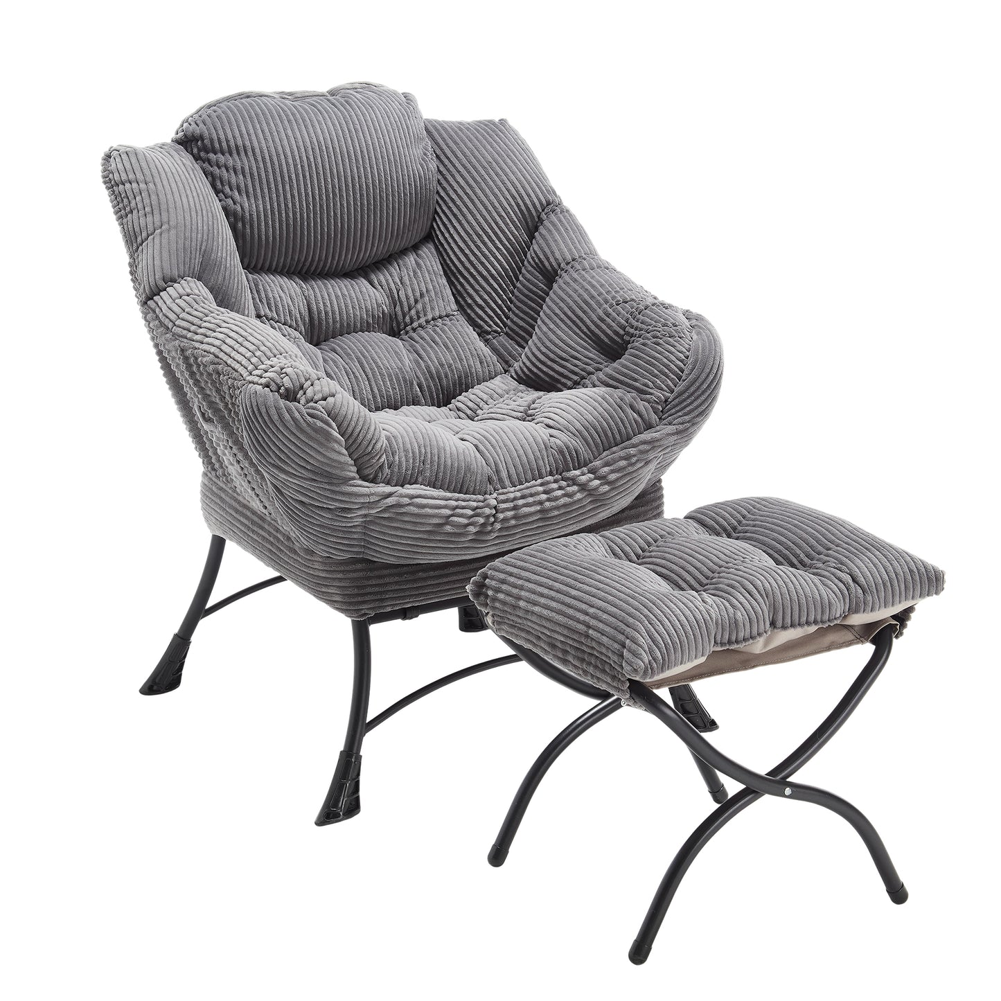 Lazy Chair with Ottoman, Modern Lounge Accent Chair with Armrests and a Side Pocket, Leisure Upholstered Sofa Chair Reading Chair with Footrest for Small Space, Corner Chair-Grey