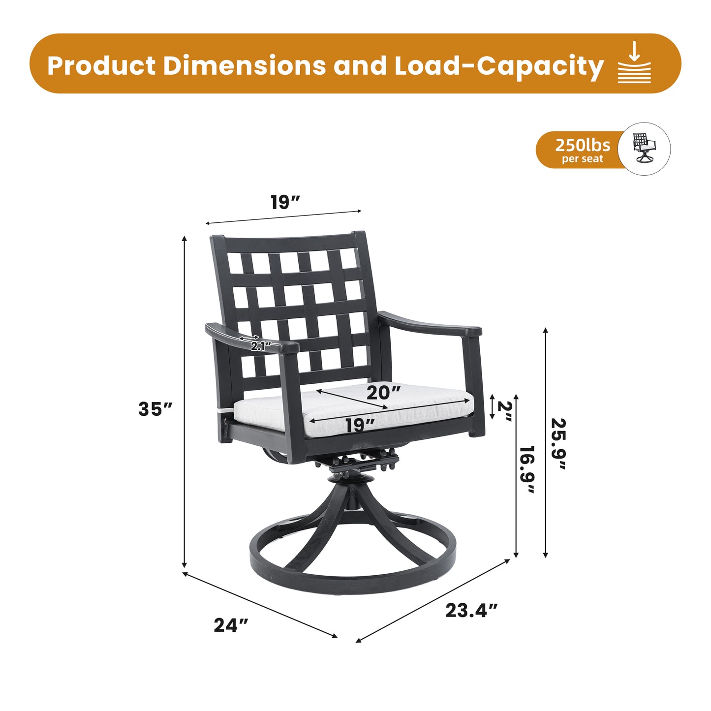 Modern Classic Outdoor Patio Cast Aluminum 2PCs Dining Swivel Rockers with Textured Ember Black Finish,Rocking-Rotating Motion,Lattice Design,Sunbrella Cushion,Weather-Resistant,Ergonomic & Stylish.
