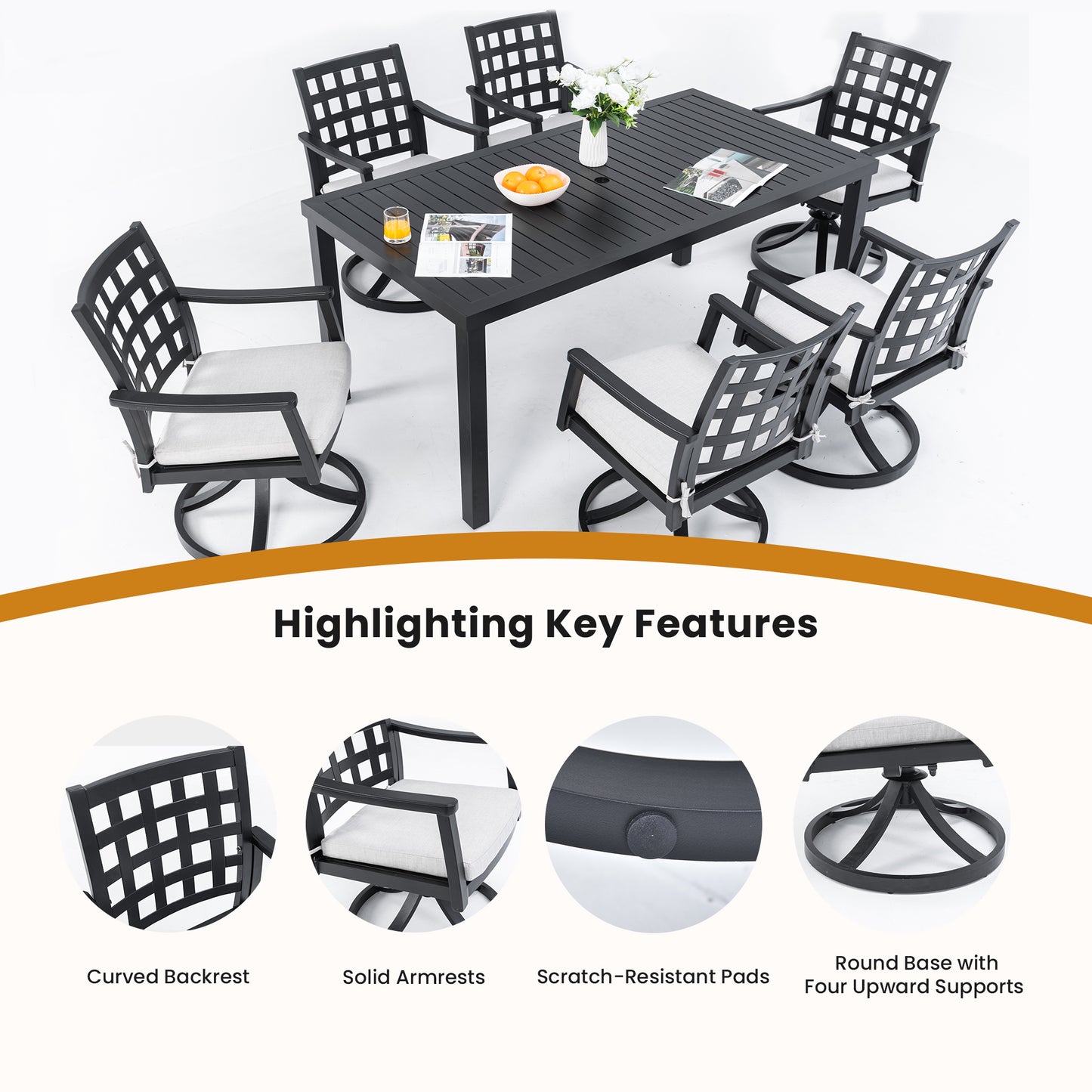 Modern Classic Outdoor Patio Cast Aluminum 2PCs Dining Swivel Rockers with Textured Ember Black Finish,Rocking-Rotating Motion,Lattice Design,Sunbrella Cushion,Weather-Resistant,Ergonomic & Stylish.