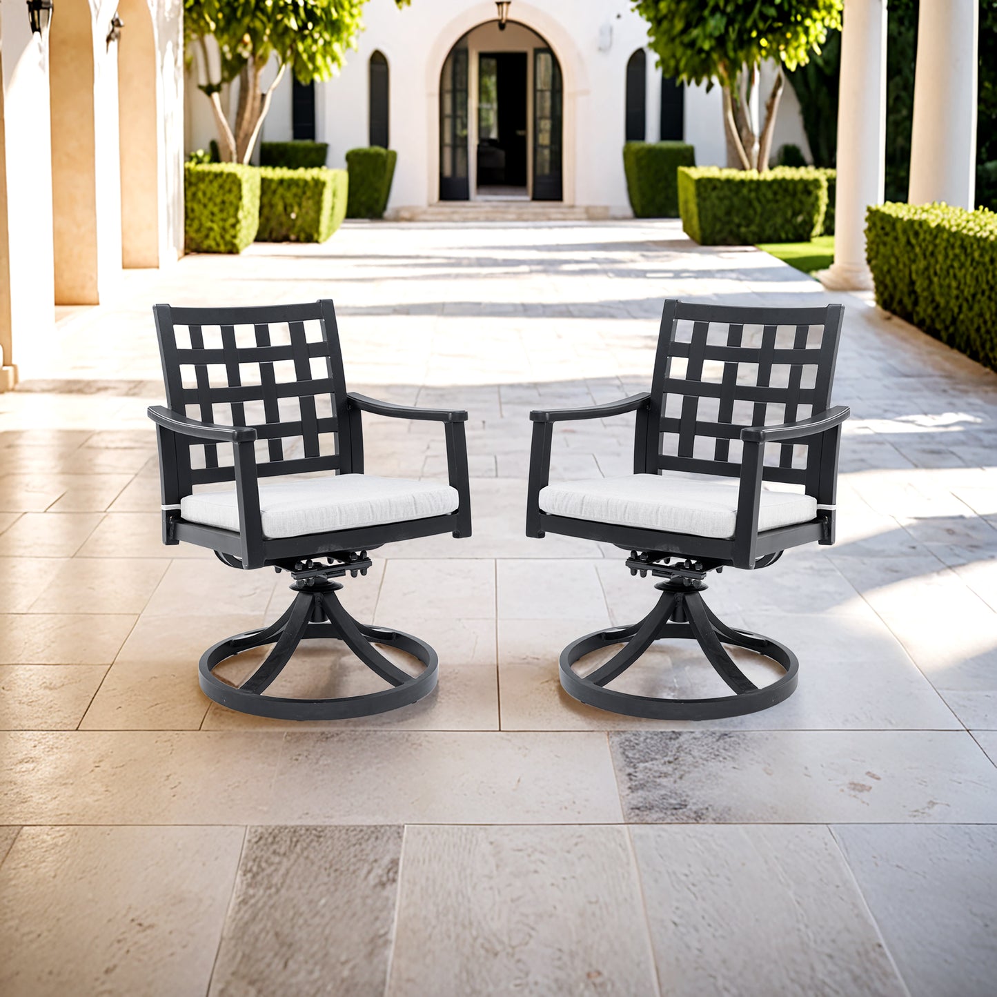 Modern Classic Outdoor Patio Cast Aluminum 2PCs Dining Swivel Rockers with Textured Ember Black Finish,Rocking-Rotating Motion,Lattice Design,Sunbrella Cushion,Weather-Resistant,Ergonomic & Stylish.