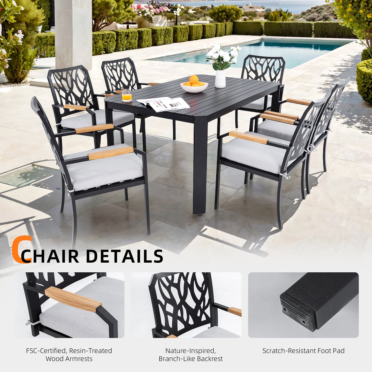 Outdoor Patio K/D Aluminum Stationary Dining Chairs 2PCS with Outdoor-grade Sunbrella Fabric Cushions, Branch-Like Backrest ,FSC-Certified Wood Armrests, Bourbon Brown