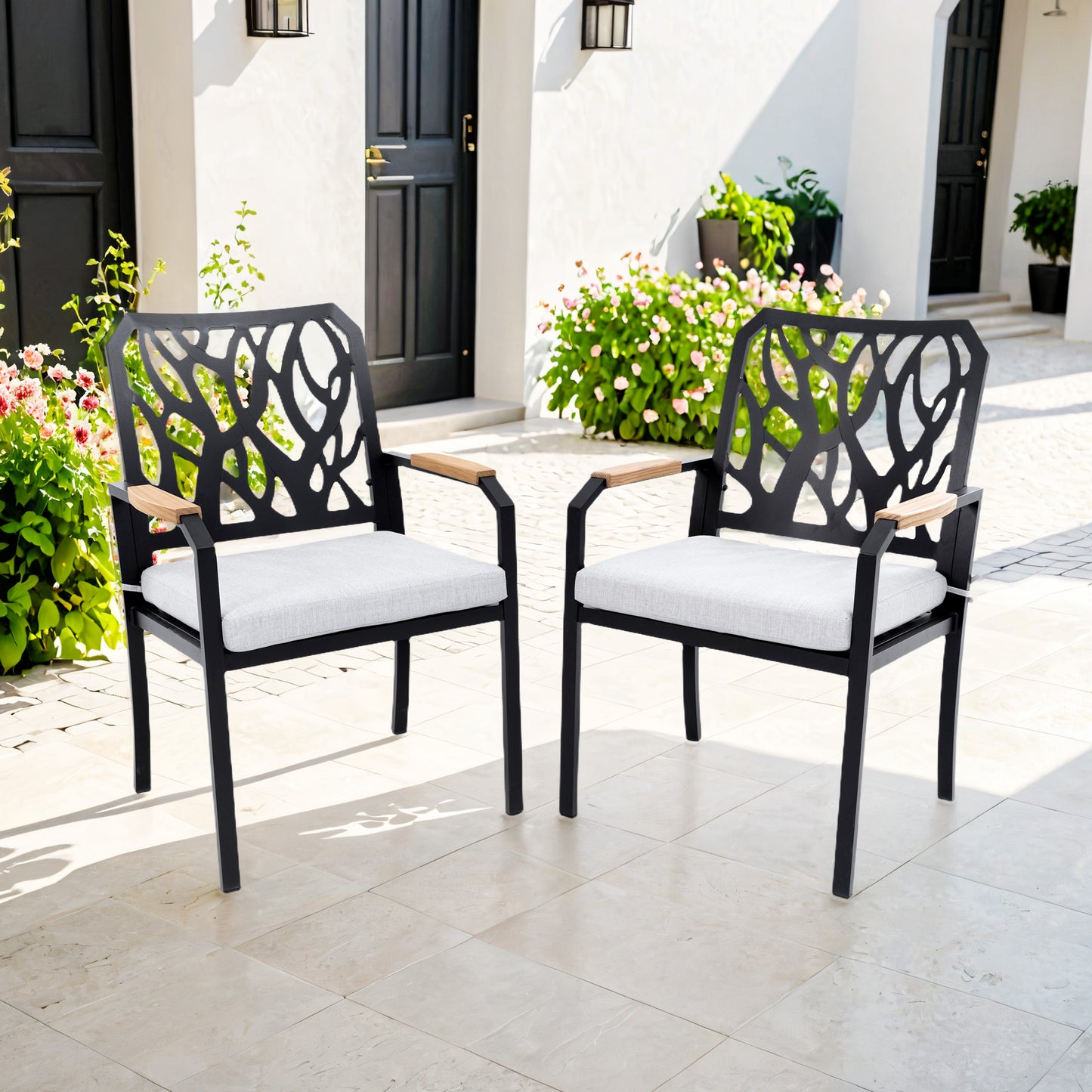 Outdoor Patio K/D Aluminum Stationary Dining Chairs 2PCS with Outdoor-grade Sunbrella Fabric Cushions, Branch-Like Backrest ,FSC-Certified Wood Armrests, Bourbon Brown