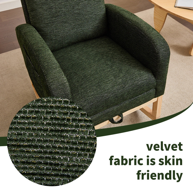 Modern Accent Rocking Chair Rocking Chair with Solid Wood Legs, Upholstered Nursery Glider Rocker, Comfy Armchair with Side Pocket, Living Room Lounge Arm Chair with High Backrest fabric