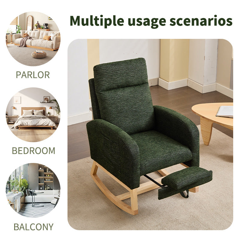 Modern Accent Rocking Chair Rocking Chair with Solid Wood Legs, Upholstered Nursery Glider Rocker, Comfy Armchair with Side Pocket, Living Room Lounge Arm Chair with High Backrest fabric