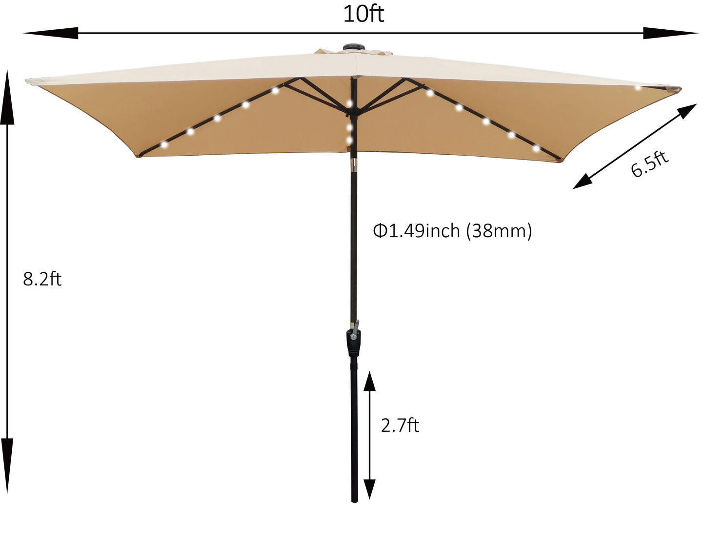 10 x 6.5t Rectangular Patio Solar LED Lighted Outdoor Market Umbrellas with Crank and Push Button Tilt for Garden Shade Swimming Poo