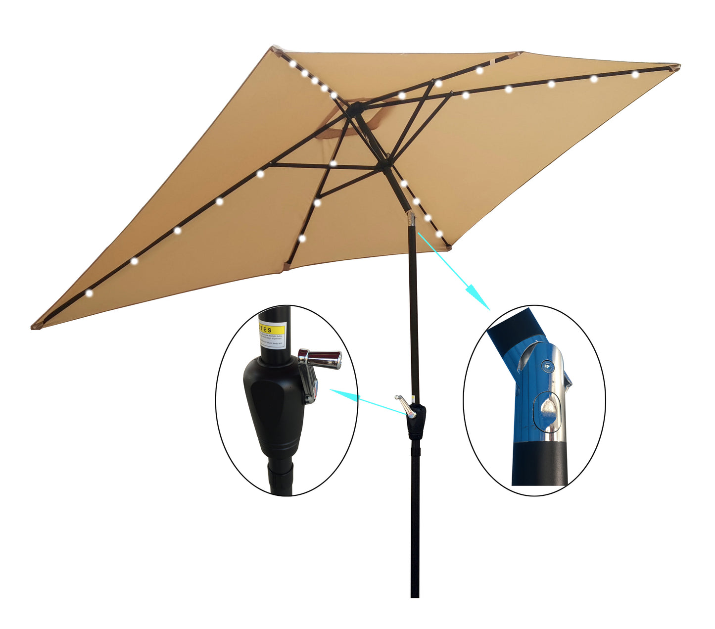 10 x 6.5t Rectangular Patio Solar LED Lighted Outdoor Market Umbrellas with Crank and Push Button Tilt for Garden Shade Swimming Poo