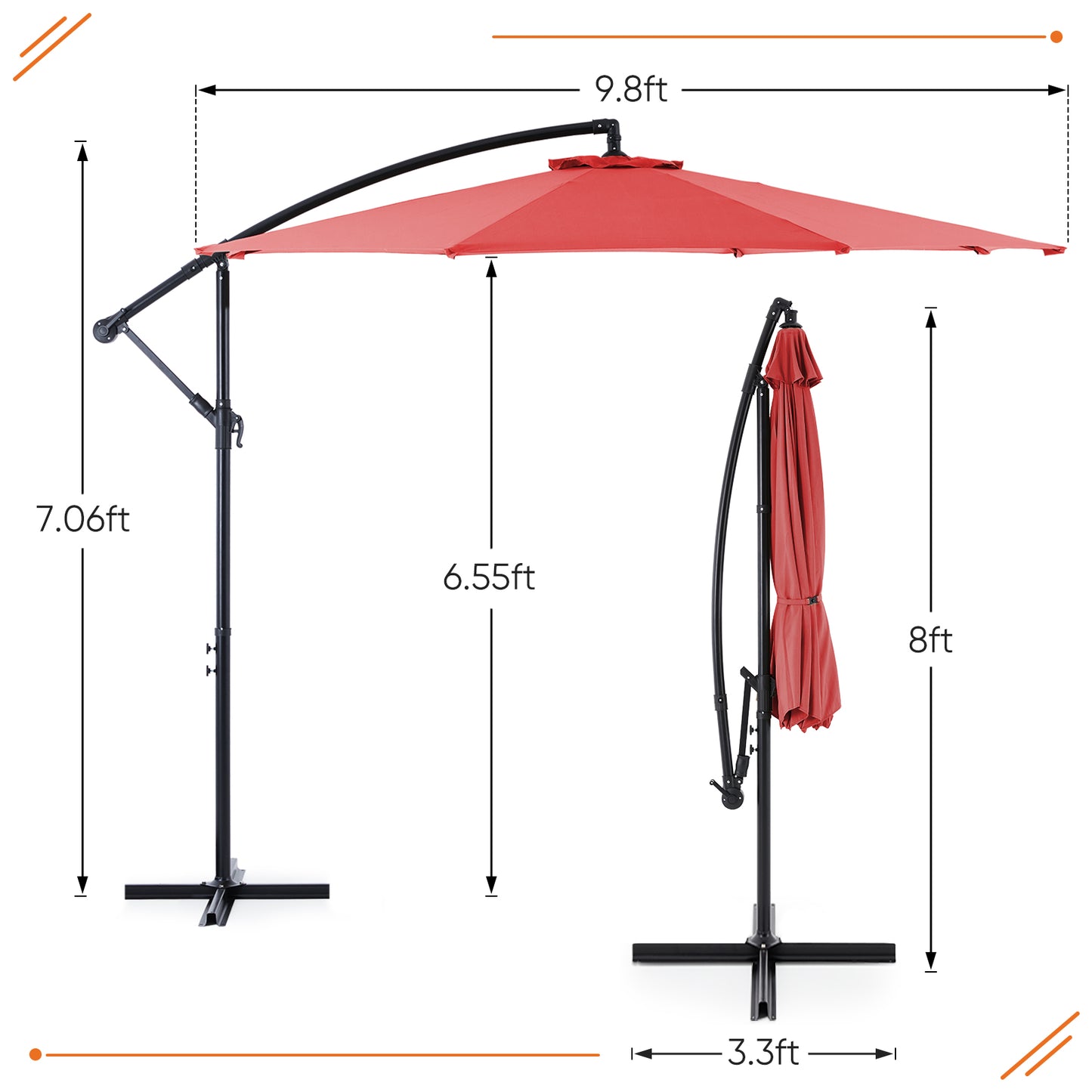 9.8FT Offset Patio Umbrella Hanging Cantilever Umbrella Outdoor Sun Shade with Easy Tilt Adjustment, 8 Ribs, UV Protection for Backyard, Lawn, Garden and Pool