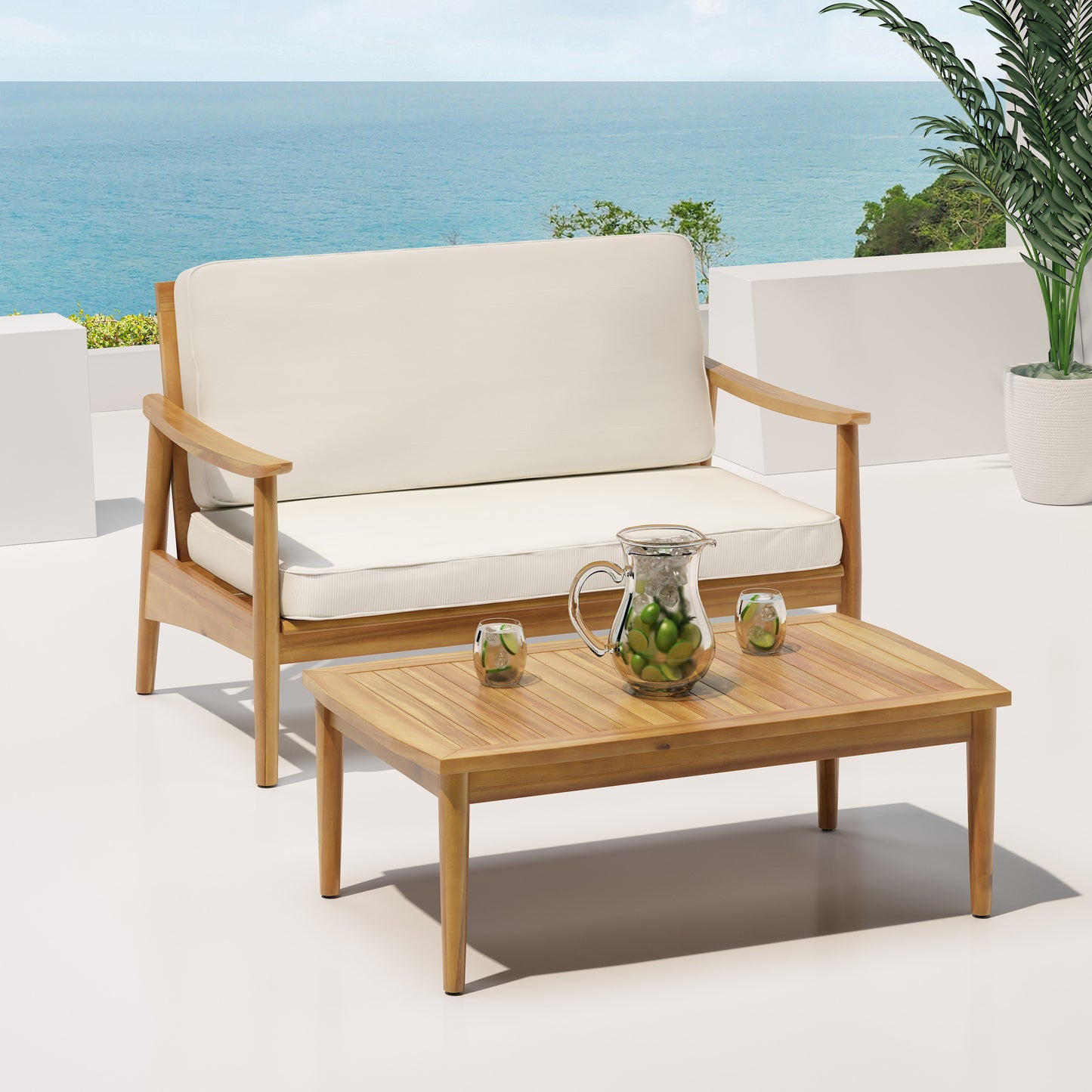 Patio Loveseat and Coffee Table Set, Patio Furniture Set with Cushion, Acacia Wood Frame Conversation Set for Garden, Backyard, Porch and Poolside, Minimalistic Style