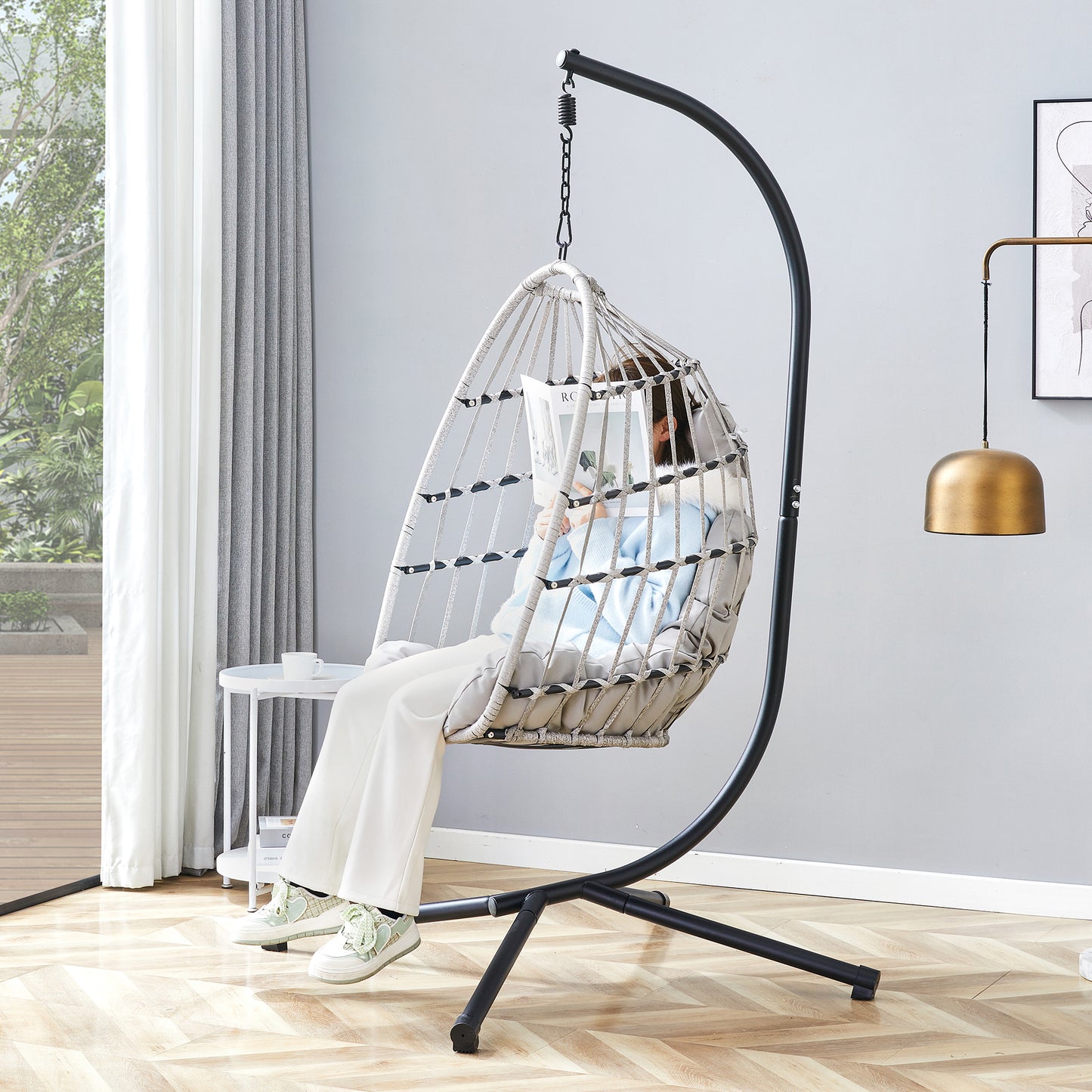GRHeavy-Duty Iron Hanging Chair with Wicker Weave – Single Person Swing for Indoor/Outdoor (Gray)