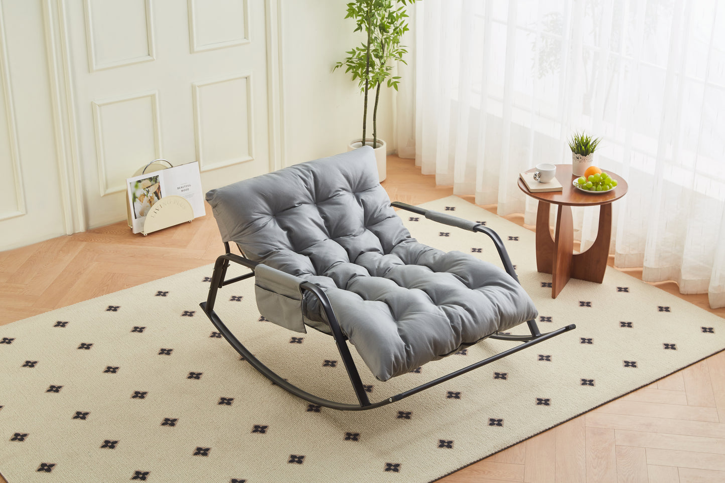 Rocking Chair with Extra-Wide Technical leather Upholstered Gliding Chair Boucle Reclining Chair, Modern Accent Chair for Living Room Nursery Bedroom -Grey