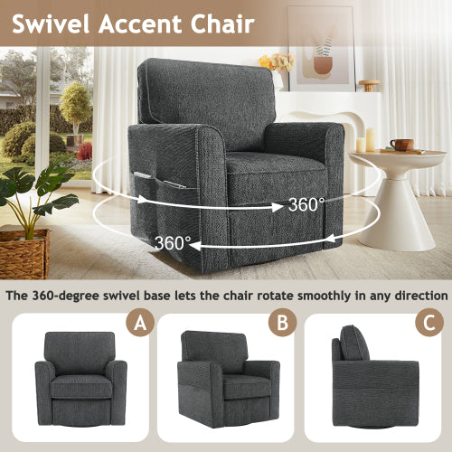360° Swivel Chair Accent Barrel Armchair Swivel Sofa Chair with Side Pockets for Living Room, Bedroom, Office and Hotel, Grey