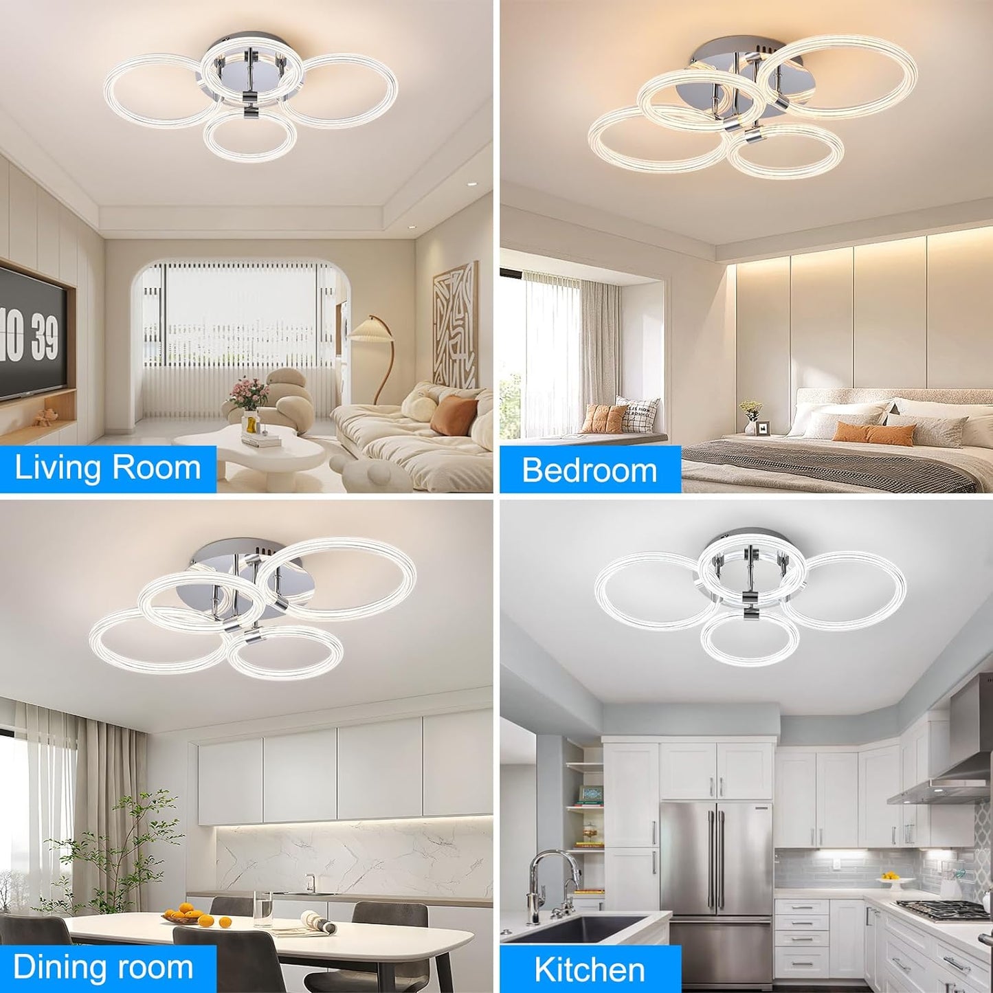 Modern LED Ceiling Light, Flush Mount Ceiling Light with Dimmable Remote Control, 6Rings Acrylic Ceiling Light Fixture for Bedroom, Living Room, Kitchen, Office Lamps (4 heads)