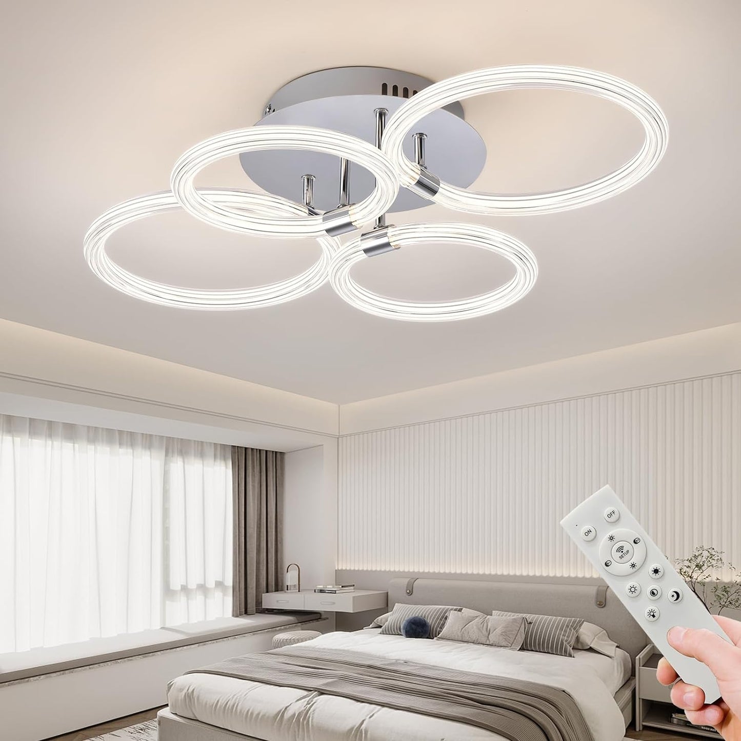 Modern LED Ceiling Light, Flush Mount Ceiling Light with Dimmable Remote Control, 6Rings Acrylic Ceiling Light Fixture for Bedroom, Living Room, Kitchen, Office Lamps (4 heads)