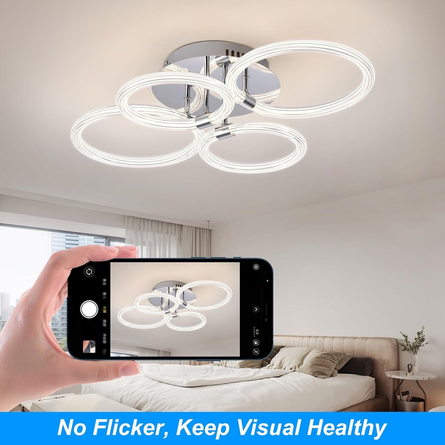 Modern LED Ceiling Light, Flush Mount Ceiling Light with Dimmable Remote Control, 6Rings Acrylic Ceiling Light Fixture for Bedroom, Living Room, Kitchen, Office Lamps (4 heads)