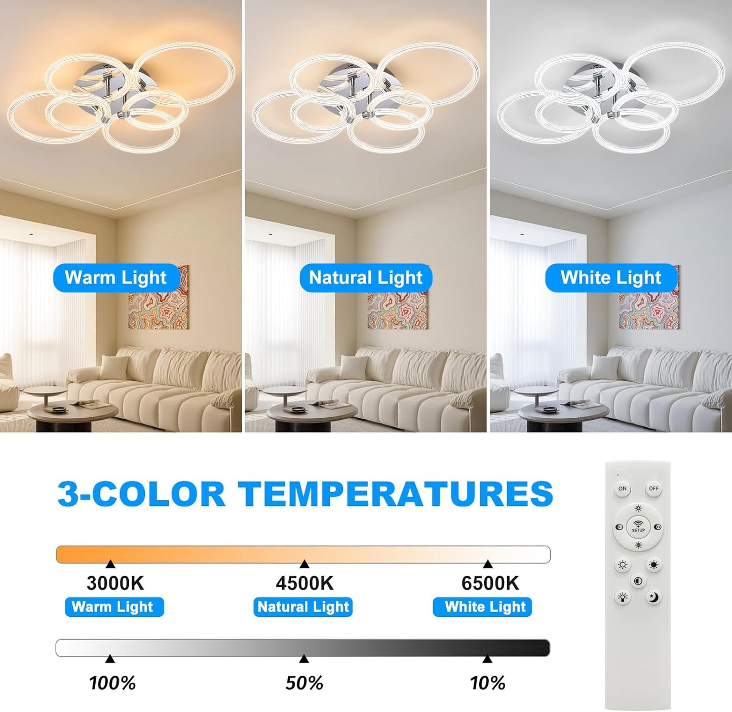 Modern LED Ceiling Light, Flush Mount Ceiling Light with Dimmable Remote Control, 6Rings Acrylic Ceiling Light Fixture for Bedroom, Living Room, Kitchen, Office Lamps (6 Heads)