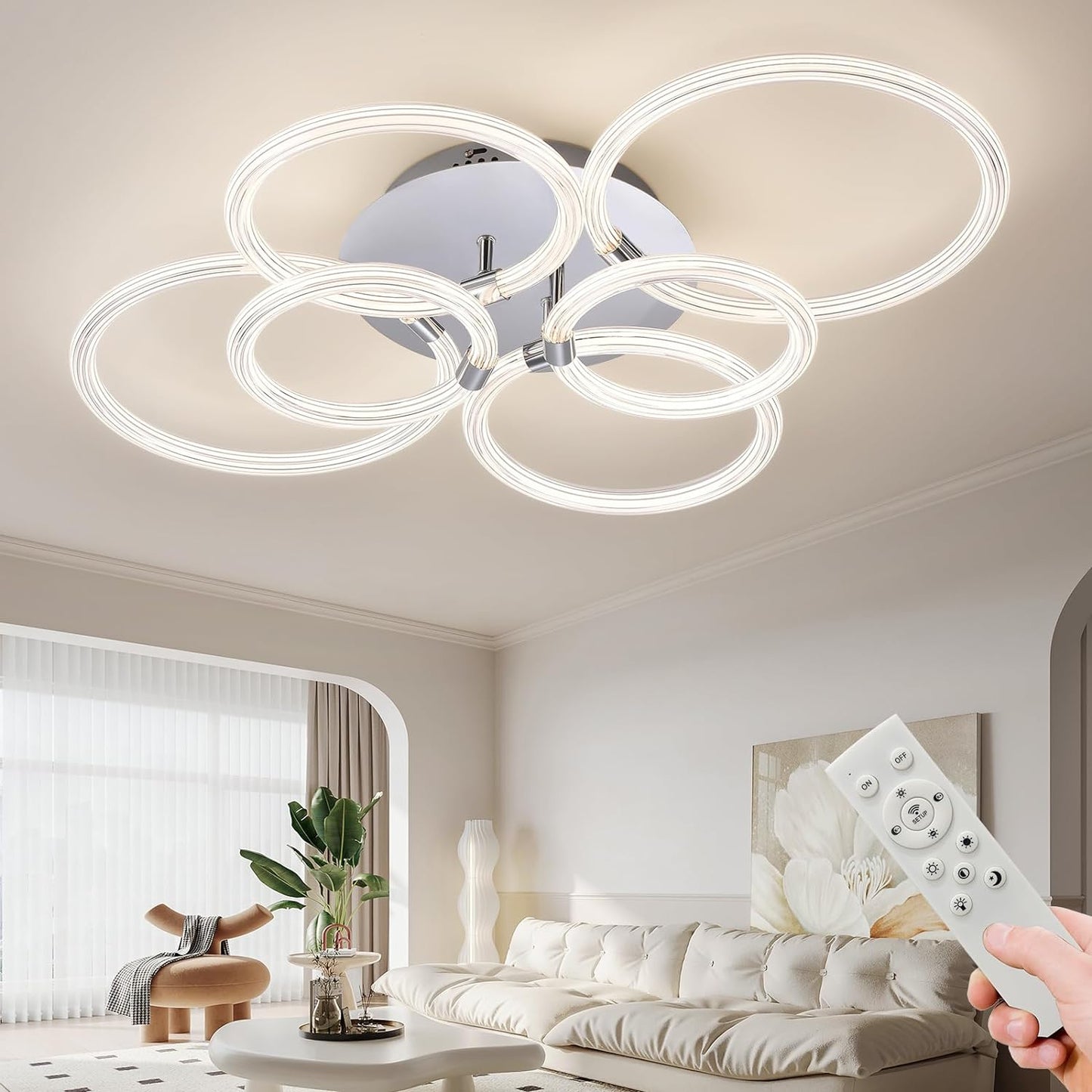 Modern LED Ceiling Light, Flush Mount Ceiling Light with Dimmable Remote Control, 6Rings Acrylic Ceiling Light Fixture for Bedroom, Living Room, Kitchen, Office Lamps (6 Heads)