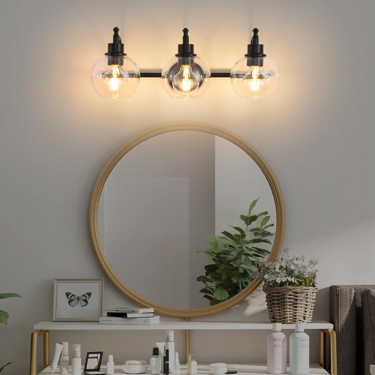 3-Lights Bathroom Vanity Lighting Fixtures Brushed Gold Modern Vanity Light 22Inch Bathroom Light Fixture Bathroom Lights Over Mirror with Clear Glass Shade for Living Room, Kitchen(E26 Base)