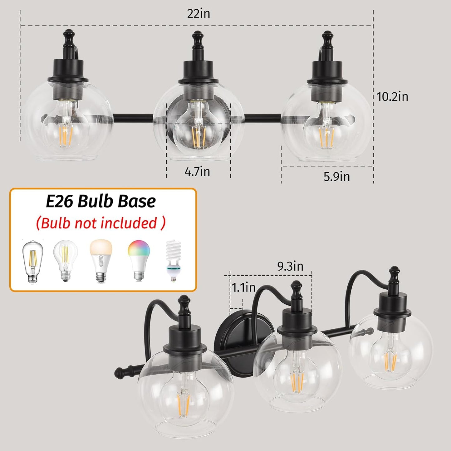 3-Lights Bathroom Vanity Lighting Fixtures Brushed Gold Modern Vanity Light 22Inch Bathroom Light Fixture Bathroom Lights Over Mirror with Clear Glass Shade for Living Room, Kitchen(E26 Base)
