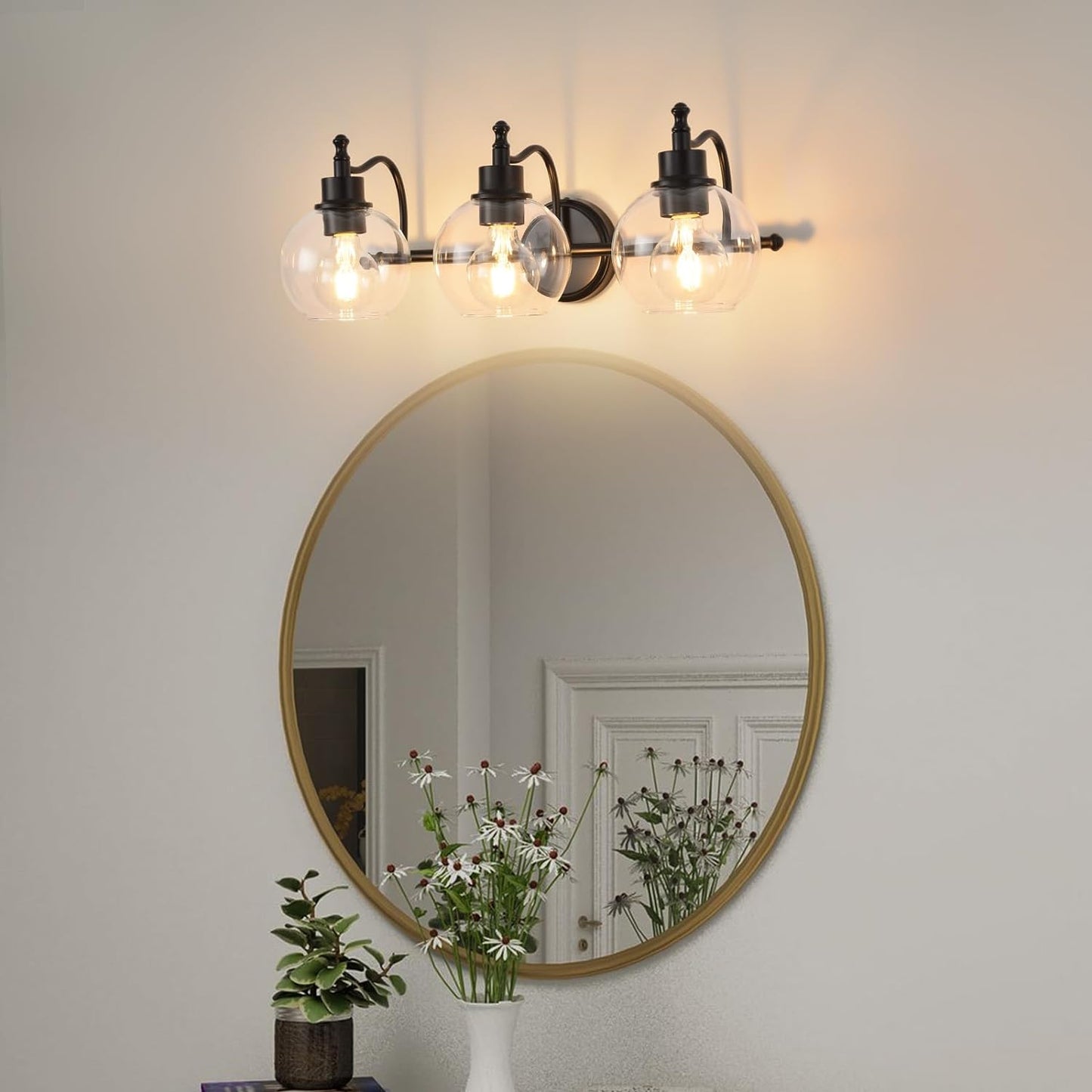 3-Lights Bathroom Vanity Lighting Fixtures Brushed Gold Modern Vanity Light 22Inch Bathroom Light Fixture Bathroom Lights Over Mirror with Clear Glass Shade for Living Room, Kitchen(E26 Base)