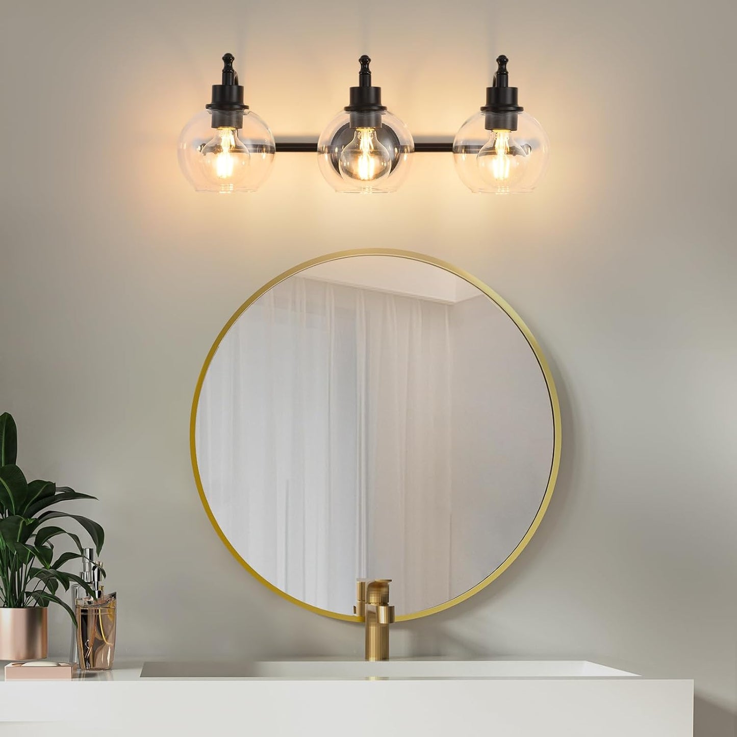 3-Lights Bathroom Vanity Lighting Fixtures Brushed Gold Modern Vanity Light 22Inch Bathroom Light Fixture Bathroom Lights Over Mirror with Clear Glass Shade for Living Room, Kitchen(E26 Base)
