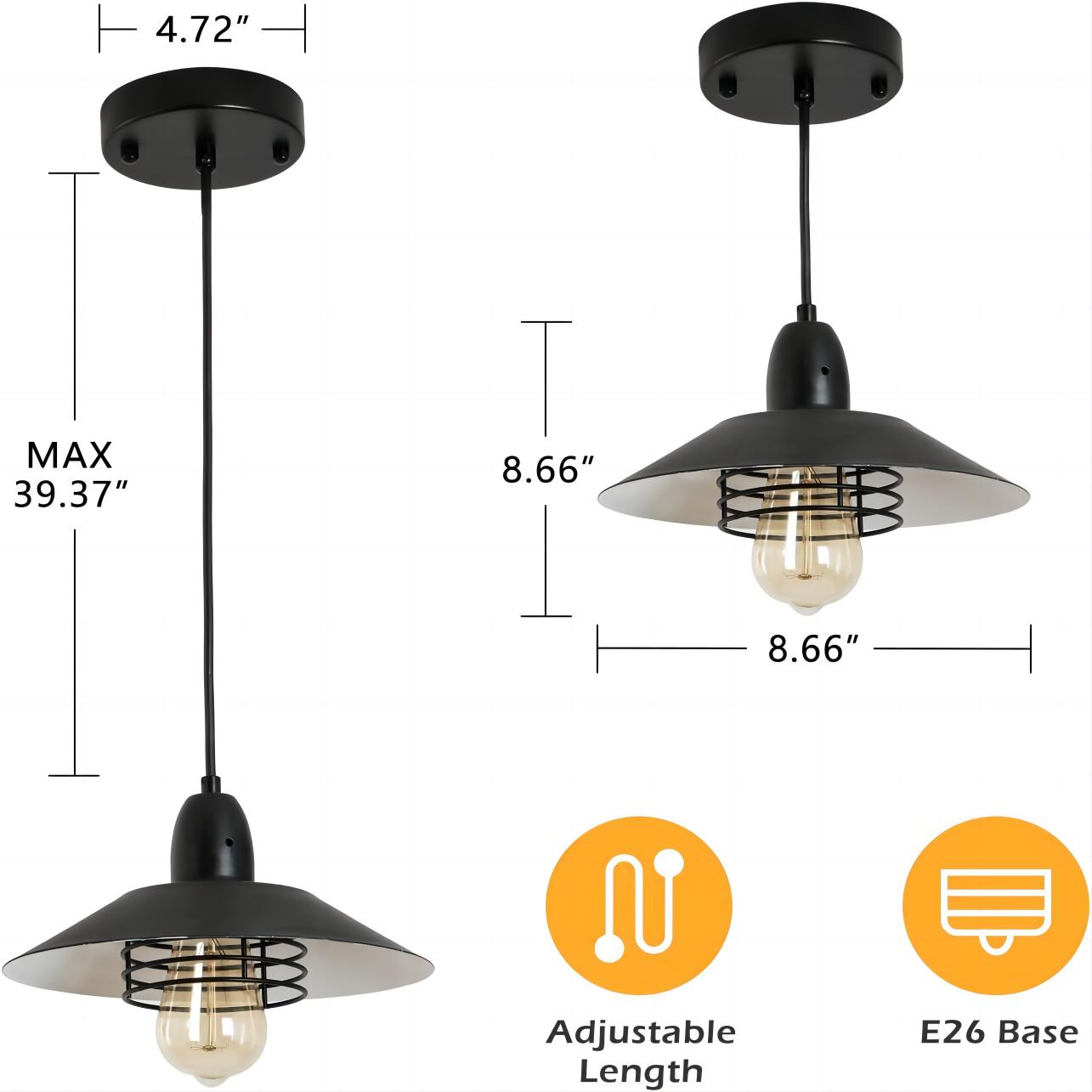Farmhouse Vintage Pendant Light Black Fixture Pendant Lights with Spring Frame Adjustable Metal Hanging Lamp for Kitchen Island Dining Room Bedroom Living Room Barn Entryy, E26
