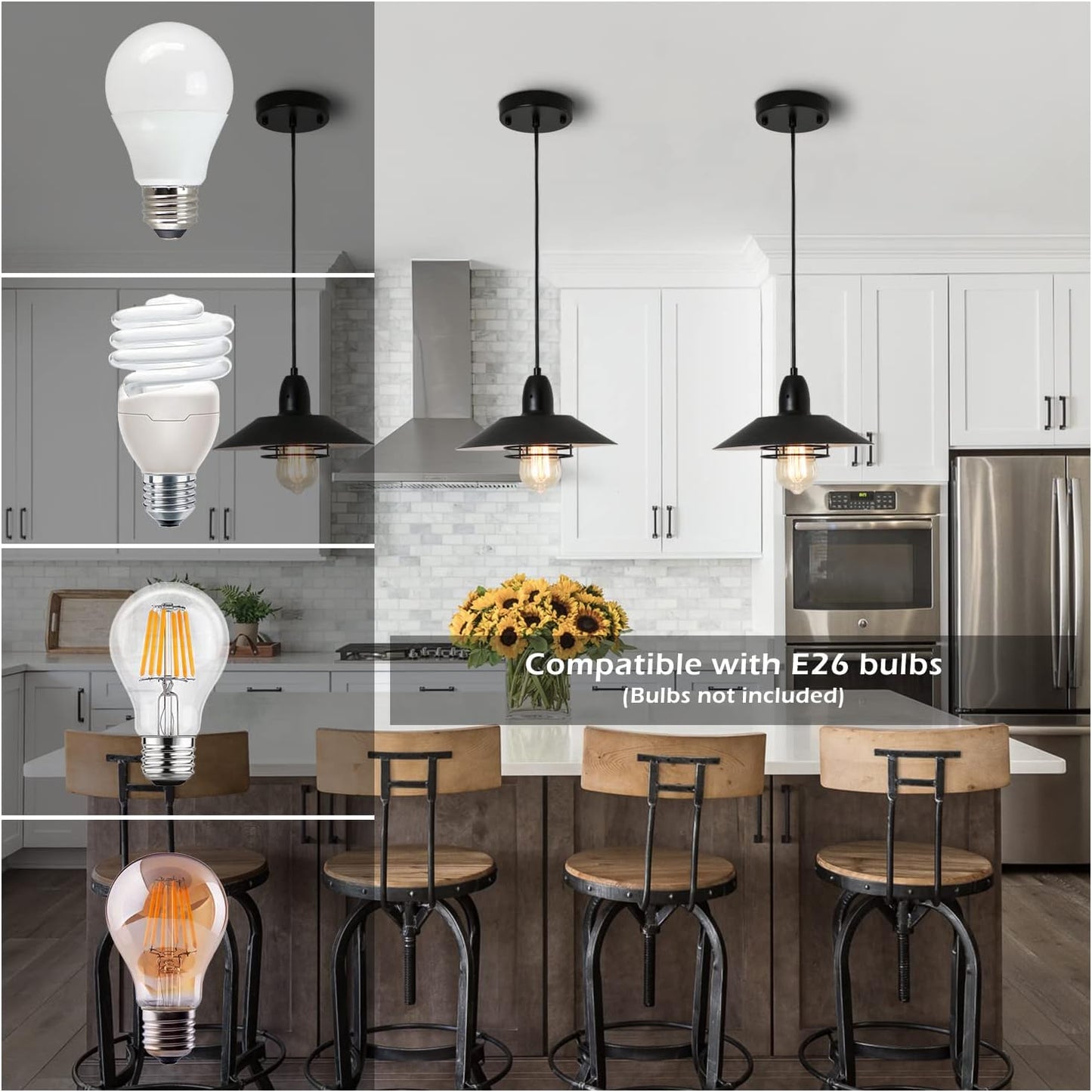 Farmhouse Vintage Pendant Light Black Fixture Pendant Lights with Spring Frame Adjustable Metal Hanging Lamp for Kitchen Island Dining Room Bedroom Living Room Barn Entryy, E26