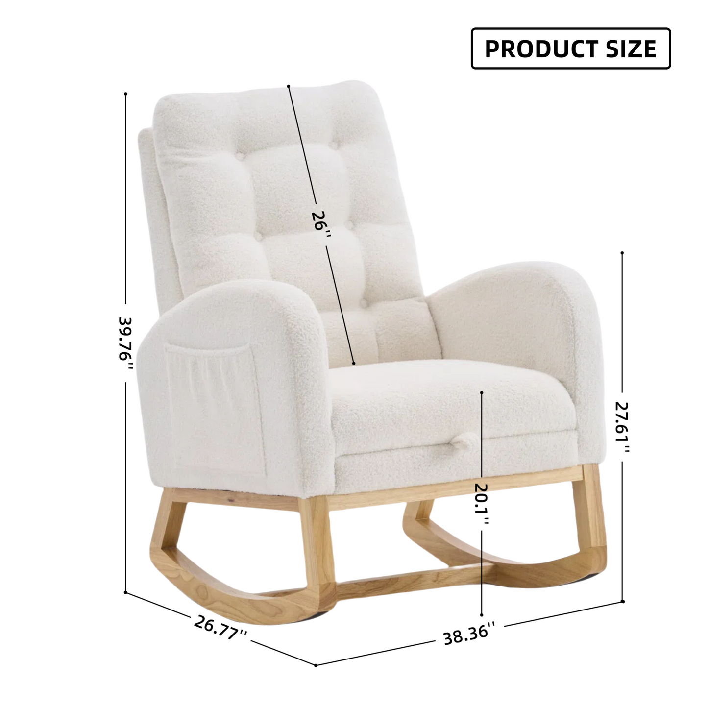 LY-5104 Plush Accent Rocking Chair with Footrest, Cream White High-Back Rocker, Rubber Wood Lounge Chair for Nursery & Living Room, 38.36"W x 26.77"D x 39.76"H