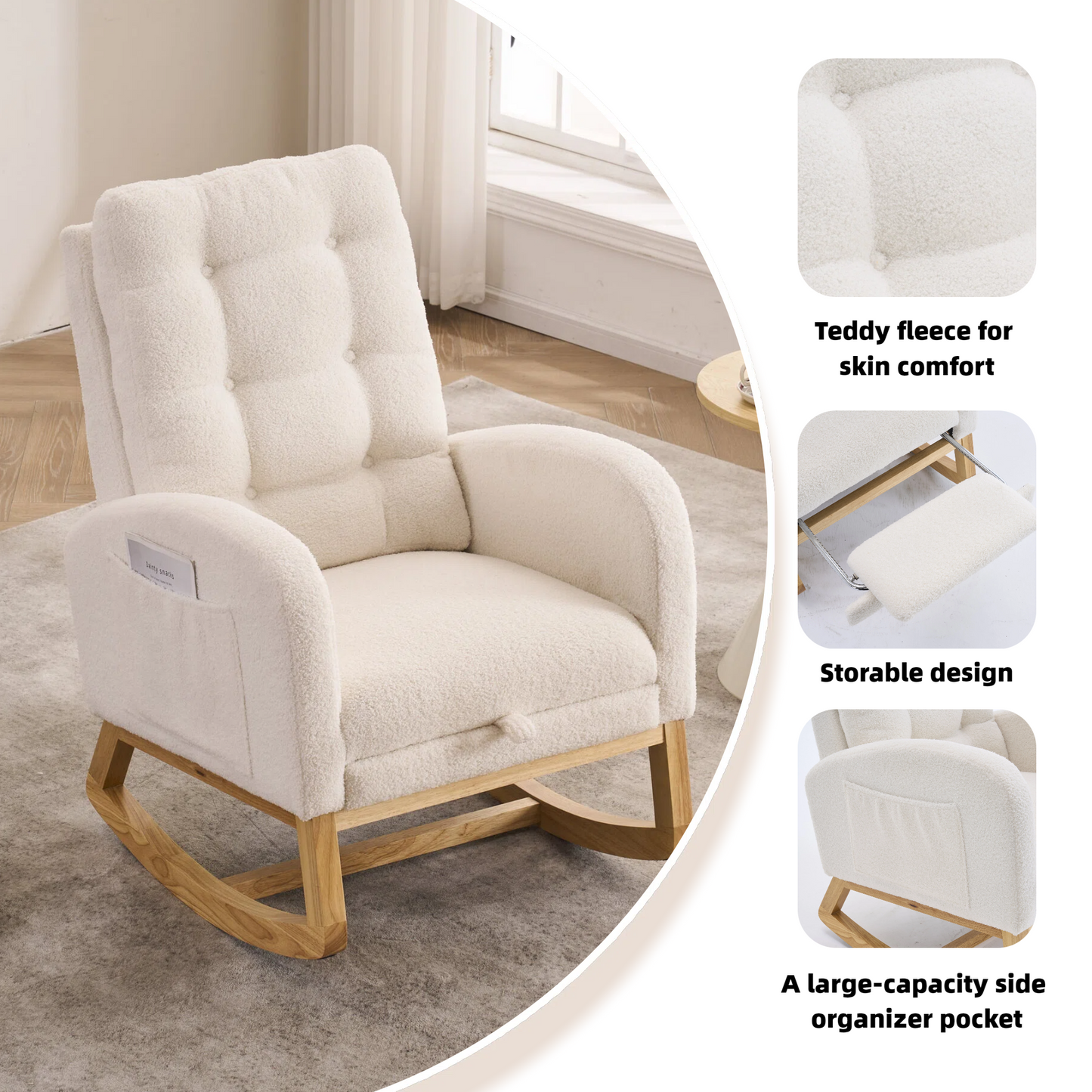 LY-5104 Plush Accent Rocking Chair with Footrest, Cream White High-Back Rocker, Rubber Wood Lounge Chair for Nursery & Living Room, 38.36"W x 26.77"D x 39.76"H