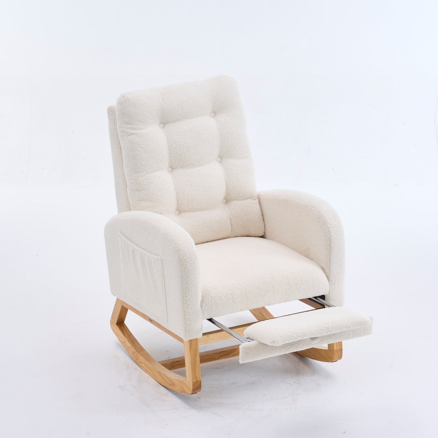 LY-5104 Plush Accent Rocking Chair with Footrest, Cream White High-Back Rocker, Rubber Wood Lounge Chair for Nursery & Living Room, 38.36"W x 26.77"D x 39.76"H