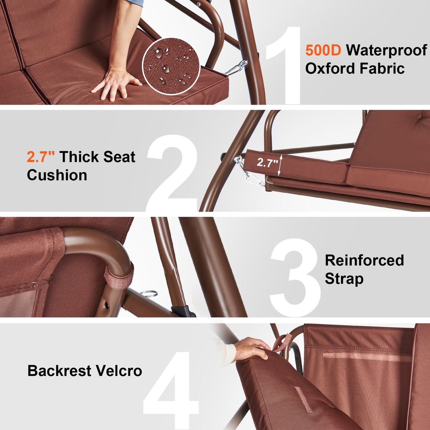 VEVOR 3-Seat Patio Swing Chair, Converting Canopy Swing, Outdoor Patio Porch with Adjustable Canopy, Removable Thick Cushion and Alloy Steel Frame, for Balcony, Backyard, Poolside, Brown