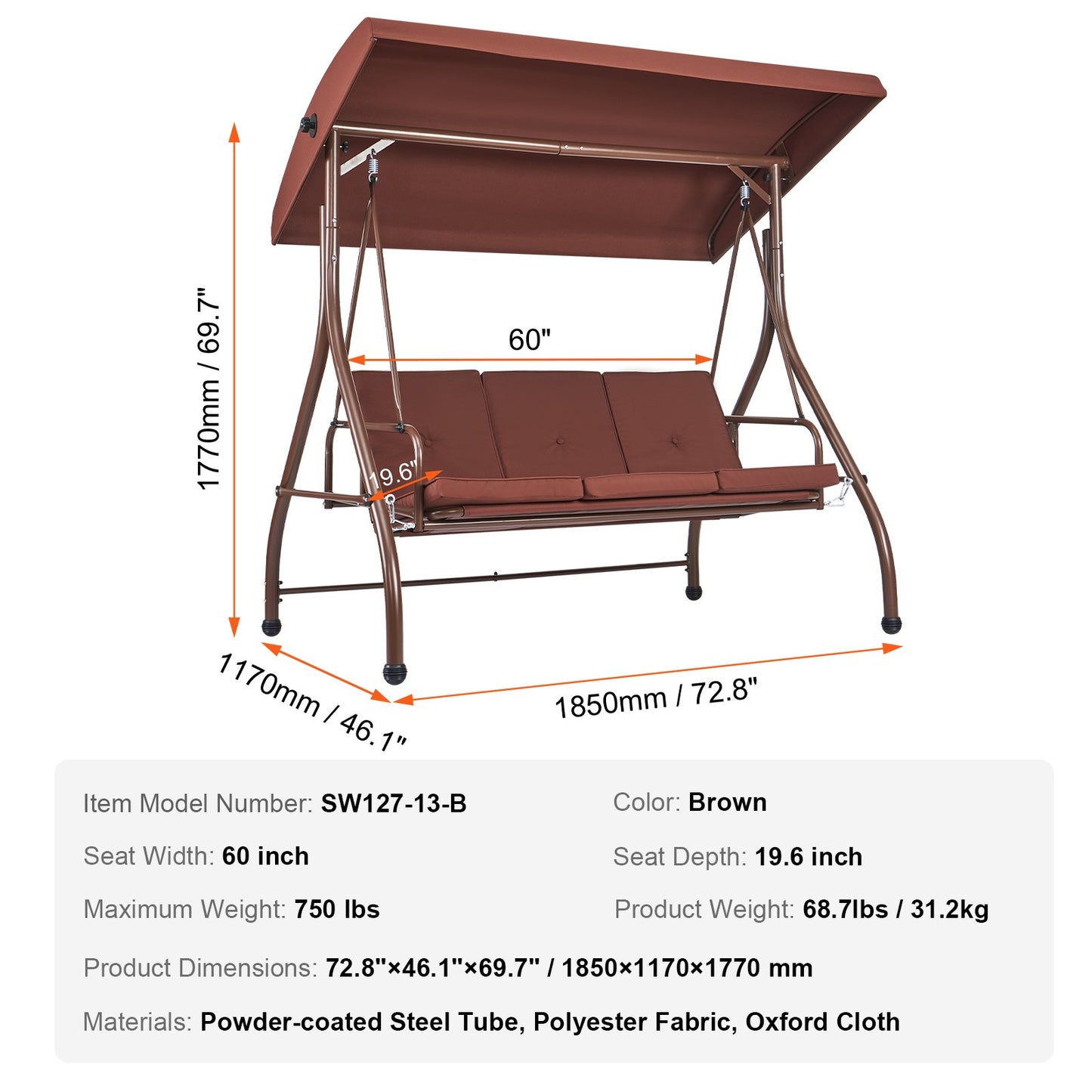 VEVOR 3-Seat Patio Swing Chair, Converting Canopy Swing, Outdoor Patio Porch with Adjustable Canopy, Removable Thick Cushion and Alloy Steel Frame, for Balcony, Backyard, Poolside, Brown