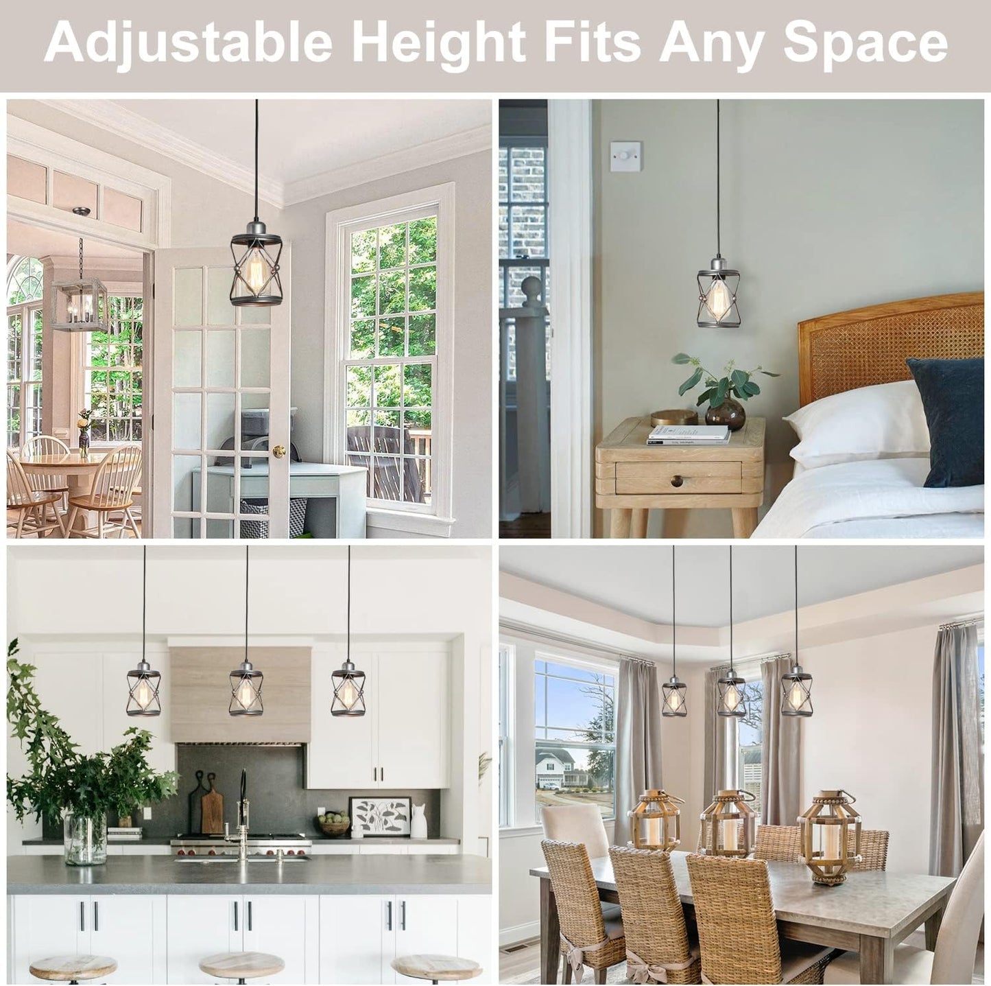Industrial Pendant Lighting for Kitchen Island, Rustic Mini Cage Pendant Light, Farmhouse Pendant Lamp with Silver Grey Adjustable for Dining Room, Hallway, Entryway, Bedroom