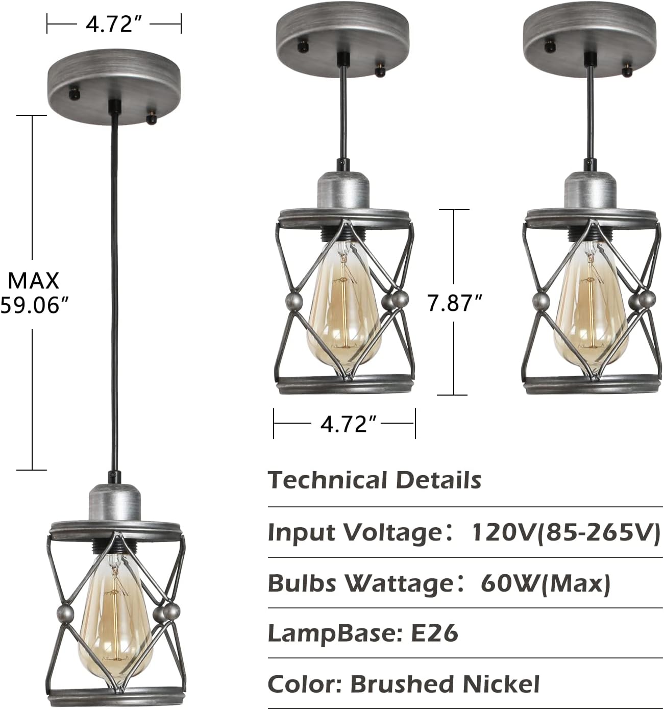 Industrial Pendant Lighting for Kitchen Island, Rustic Mini Cage Pendant Light, Farmhouse Pendant Lamp with Silver Grey Adjustable for Dining Room, Hallway, Entryway, Bedroom