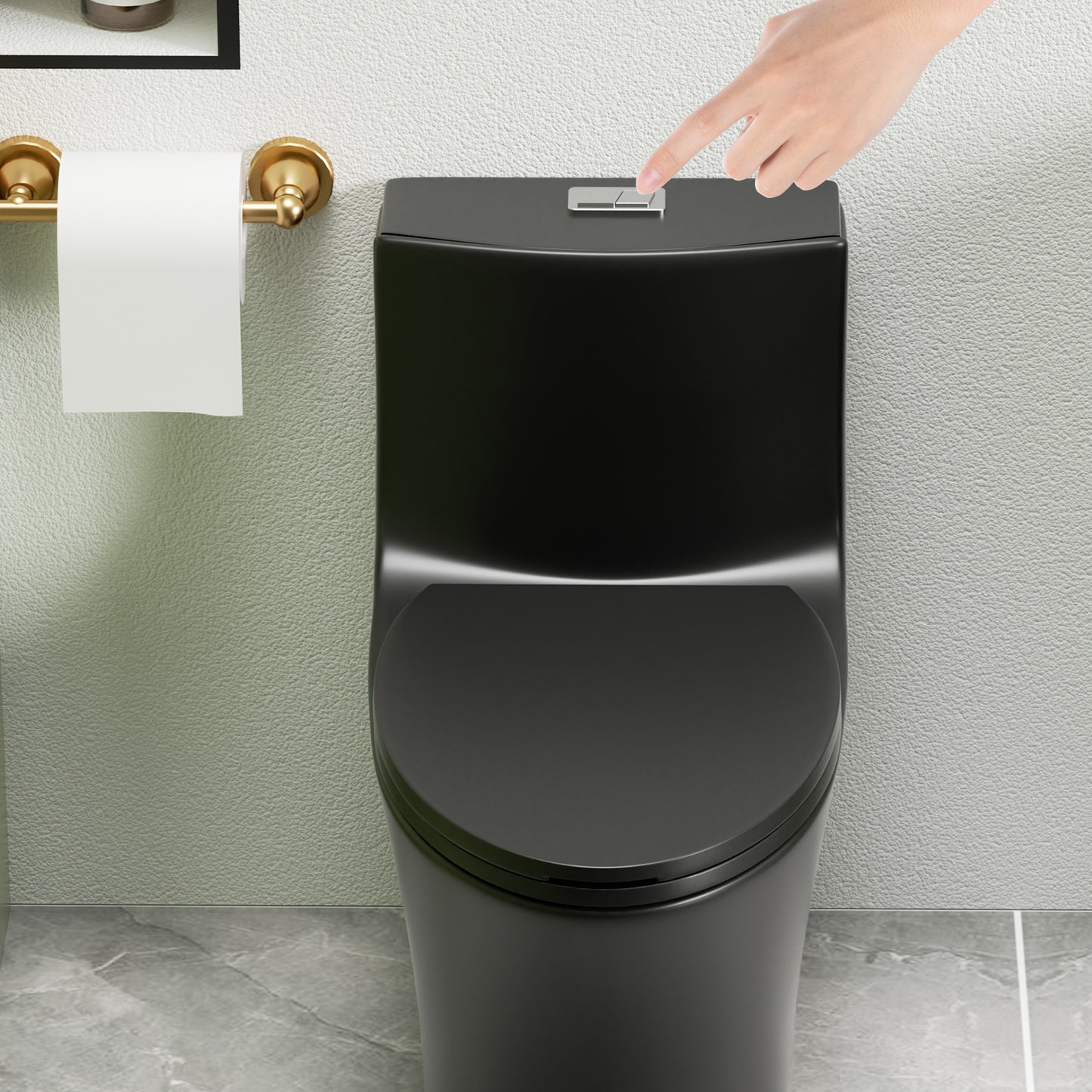 1.1/1.6 GPF Tornado Flush One-Piece Toilet Elongated, Siphonic S-trap 12",Soft Closing Seat, Button on Tank top ,Powerful Dual Flush MAP 1000g, Comfort Chair Seat ADA Height 17", Matte black MB-002