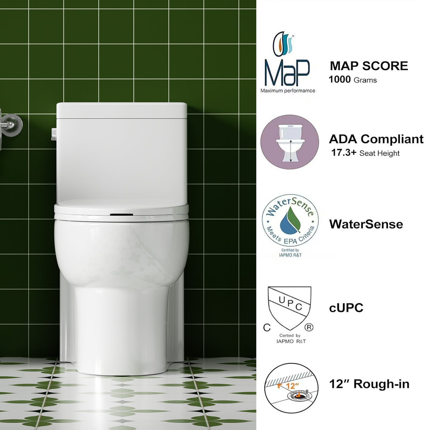 1.28 GPF Tornado Flush One-piece Toilet Elongated,Siphonic Side Press Single Flush,17" ADA Comfort Chair Height Seat,Soft Closing Seat, 1000g MAP Flushing Score Toilet, Gloss White GW-003S