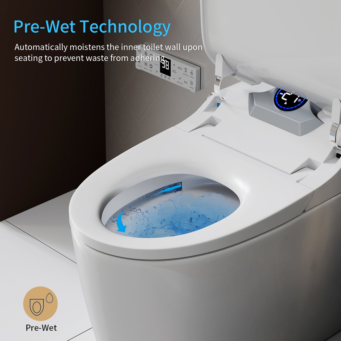 Smart Toilet Bidet Combo with Foot Sensor Open Cover/Seat, Self-Cleaning Nozzle, LED Display, Three Level Heated Seat/Airflow, Night Light, Knob Control, Soft Close, Auto Flush, with Remote Control