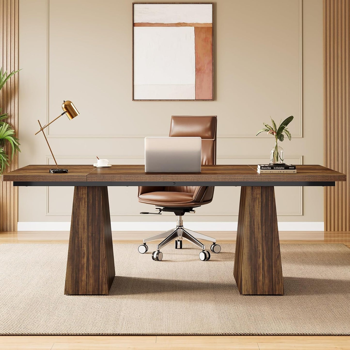 63" Modern Executive Desk, Large Home Office Computer Workstation with Sturdy Double Pedestal Base, Elegant Study & Writing Table for Business & Gaming
