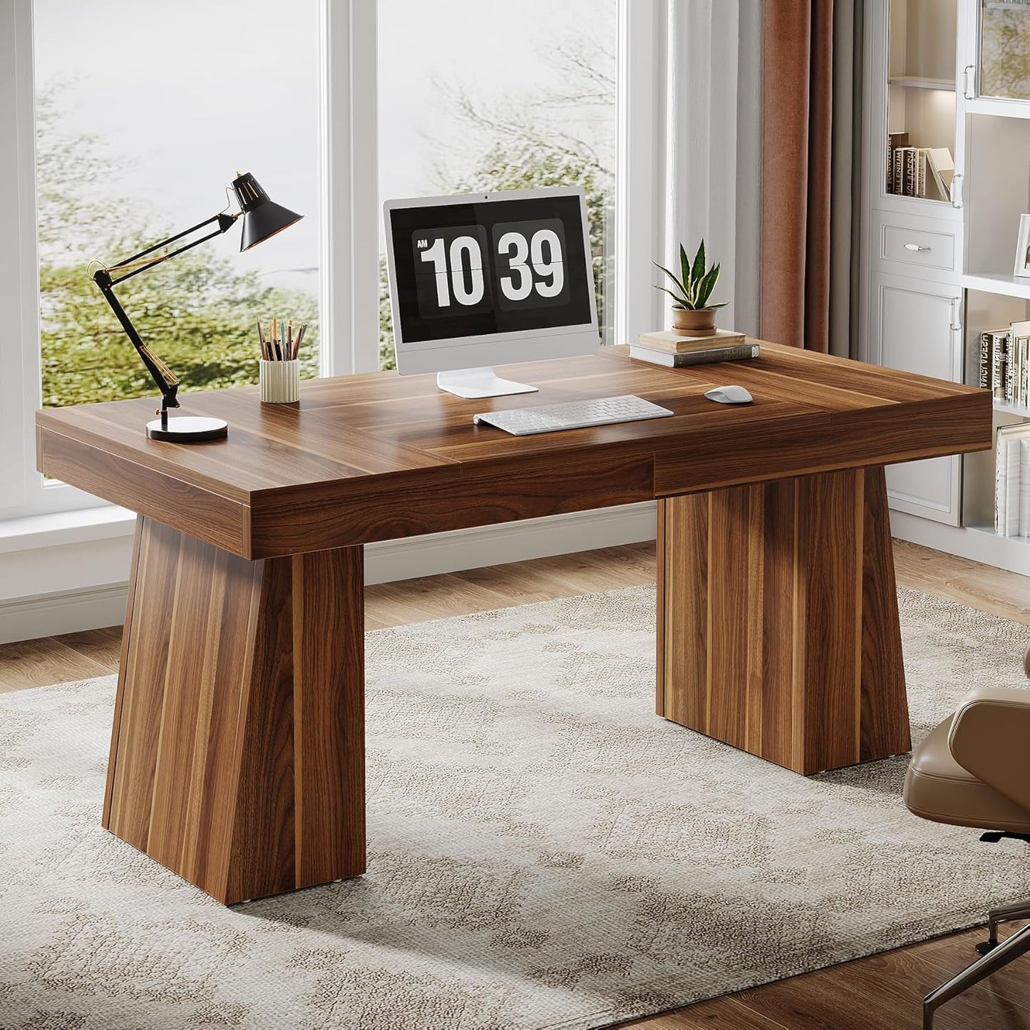 63" Modern Executive Desk, Large Home Office Computer Workstation with Sturdy Double Pedestal Base, Elegant Study & Writing Table for Business & Gaming