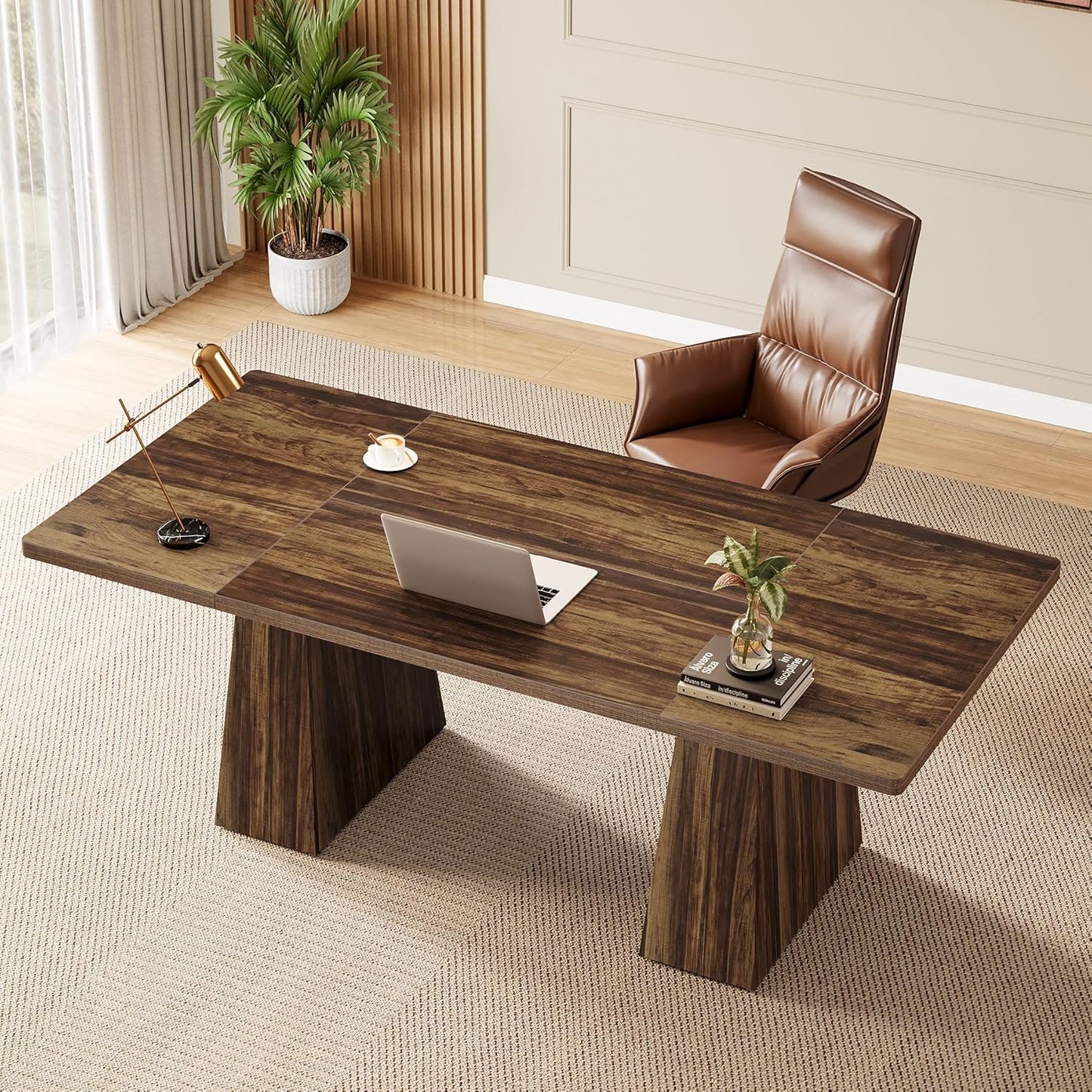 63" Modern Executive Desk, Large Home Office Computer Workstation with Sturdy Double Pedestal Base, Elegant Study & Writing Table for Business & Gaming