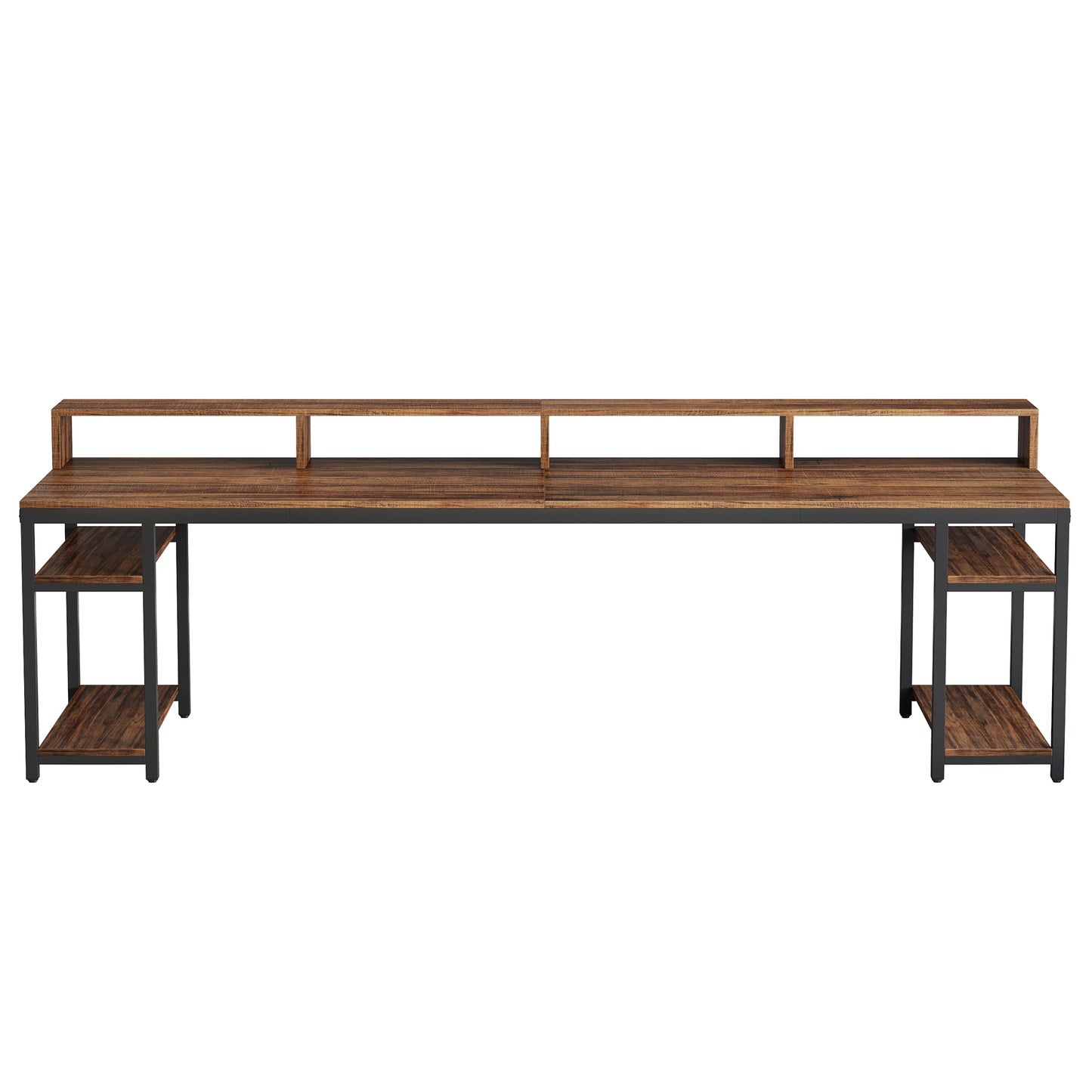 Two Person Desk with Monitor Stand, 78.74" Long Double Computer Office Desk with Storage Shelves, Large Gaming Study Writing Table Workstation for Home Office (Rustic Brown)